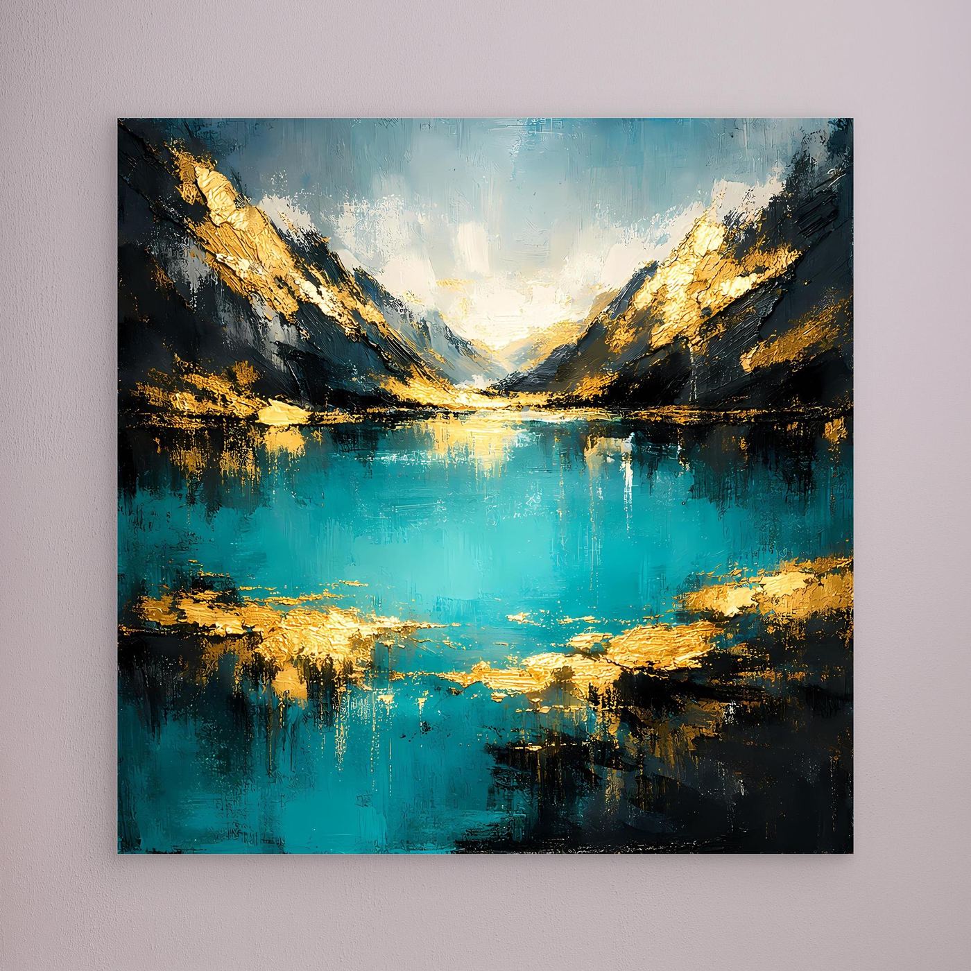 Abstraktes Leinwand-Wandbild mit türkis-goldenem Bergsee ohne sichtbaren Rahmen