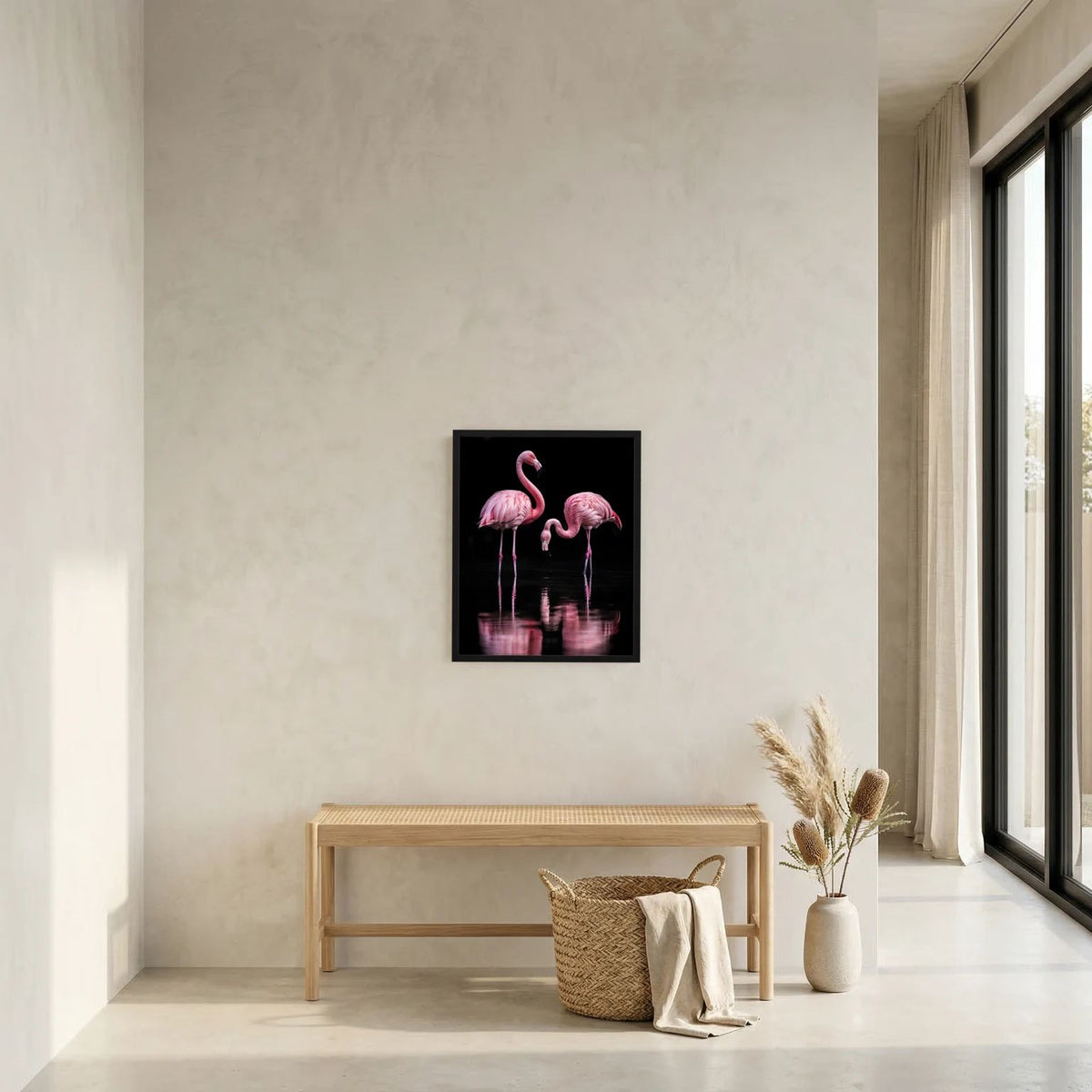 Gerahmtes Tierposter mit zwei rosa Flamingos und Spiegelung