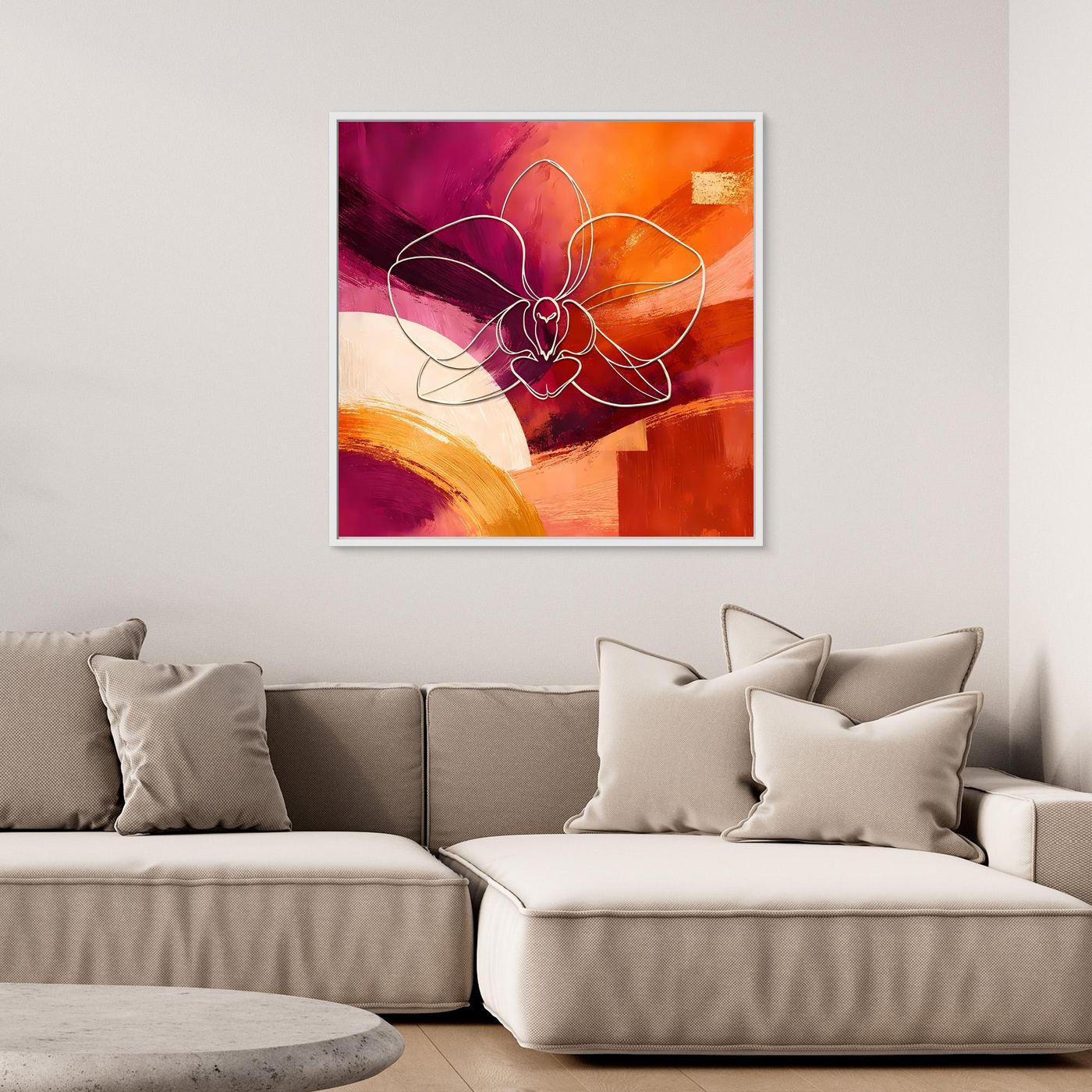 Abstraktes Leinwandbild Orchidee in Lila, Magenta und Orange mit feinen Linien