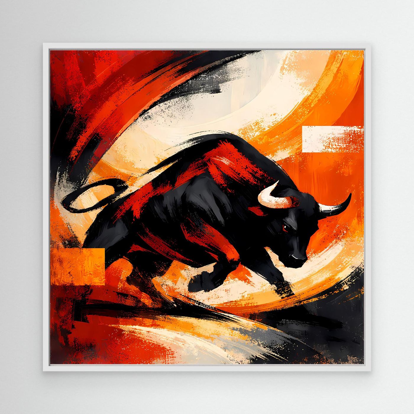 Abstraktes Leinwandbild mit schwarzem Stier, kräftige Rot- und Orangetöne, Weißer Rahmen
