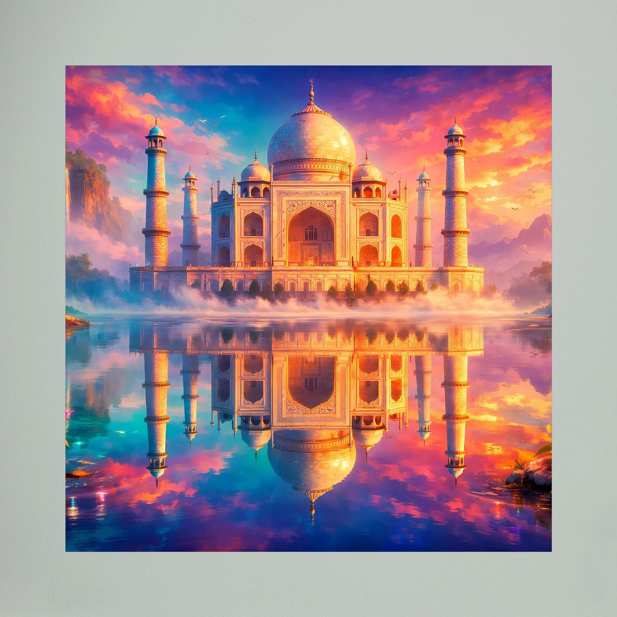 Leinwandbild Taj Mahal, goldene Kuppel und Minarette, klare Spiegelung, lebendige Farbübergänge.