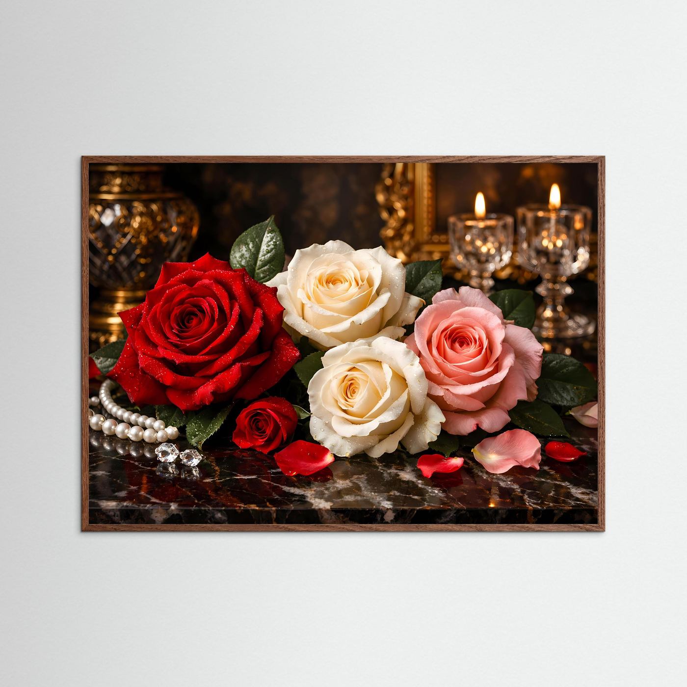 Blumenposter mit Rosen (rot, weiß, rosa), Kerzen und Perlen; brauner Rahmen