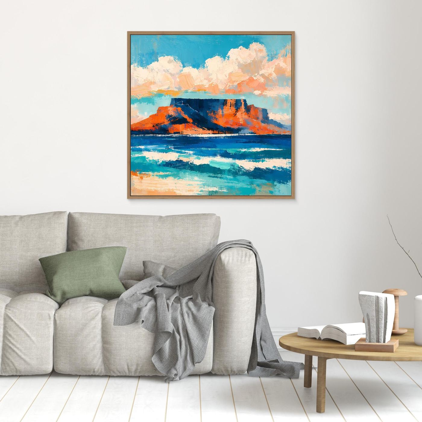 Kleines abstraktes Leinwand-Wandbild mit Meer, Küste und Bergen, braun gerahmt