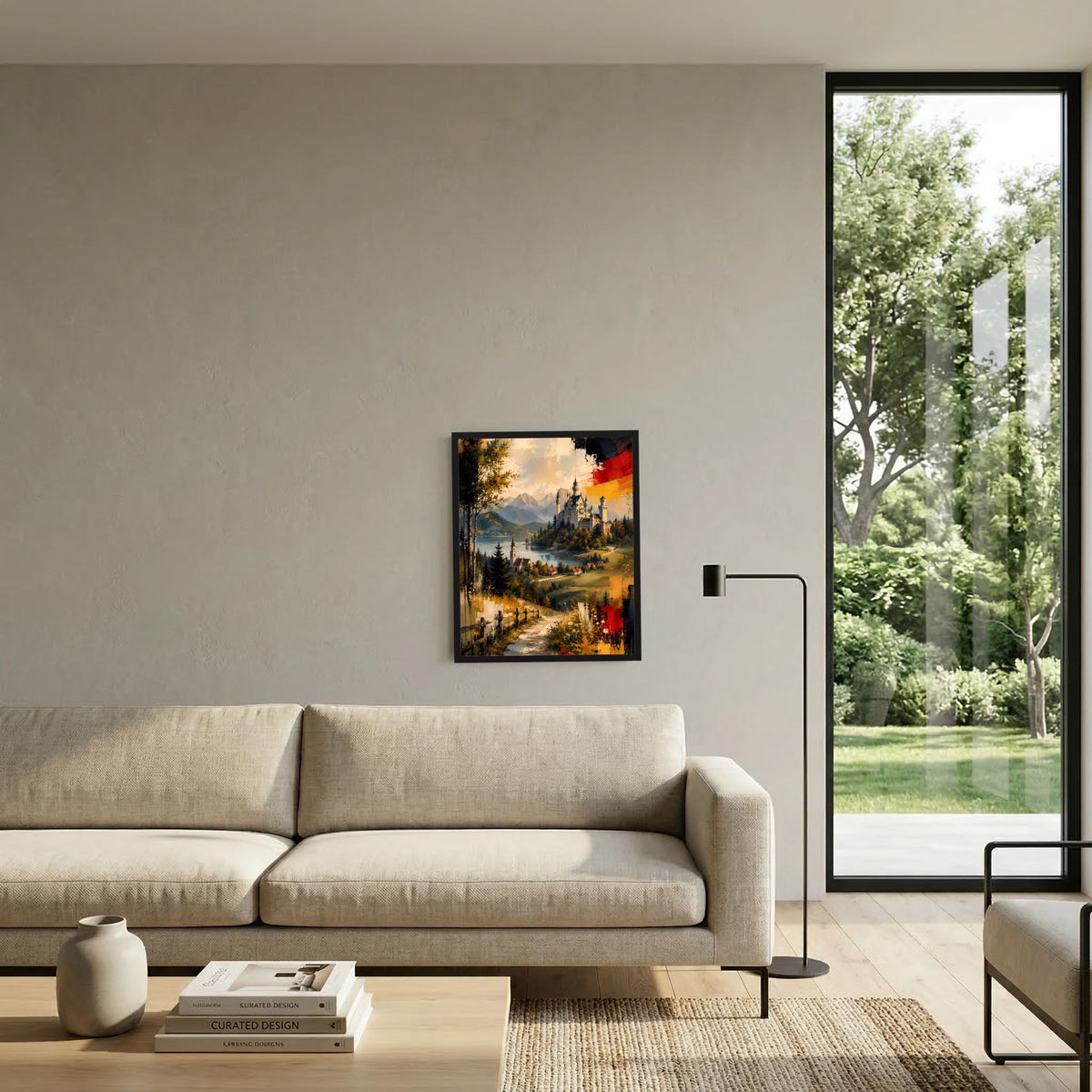 Gerahmtes Kunstposter mit Schlosslandschaft in Gold-, Blau- und Rottönen