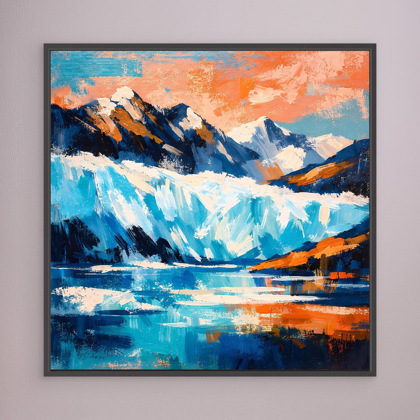 Leinwand-Wandbild mit abstrakter Gletscher- und Berglandschaft, Blau- und Orangetöne, schwarzer Rahmen