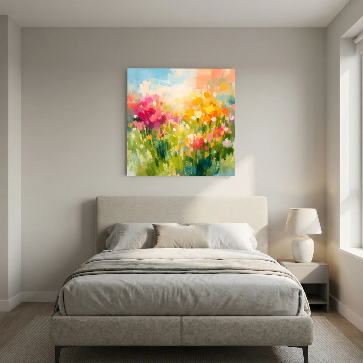 Quadratisches Leinwandbild mit farbiger Sommerwiese und abstrakten Wildblumen
