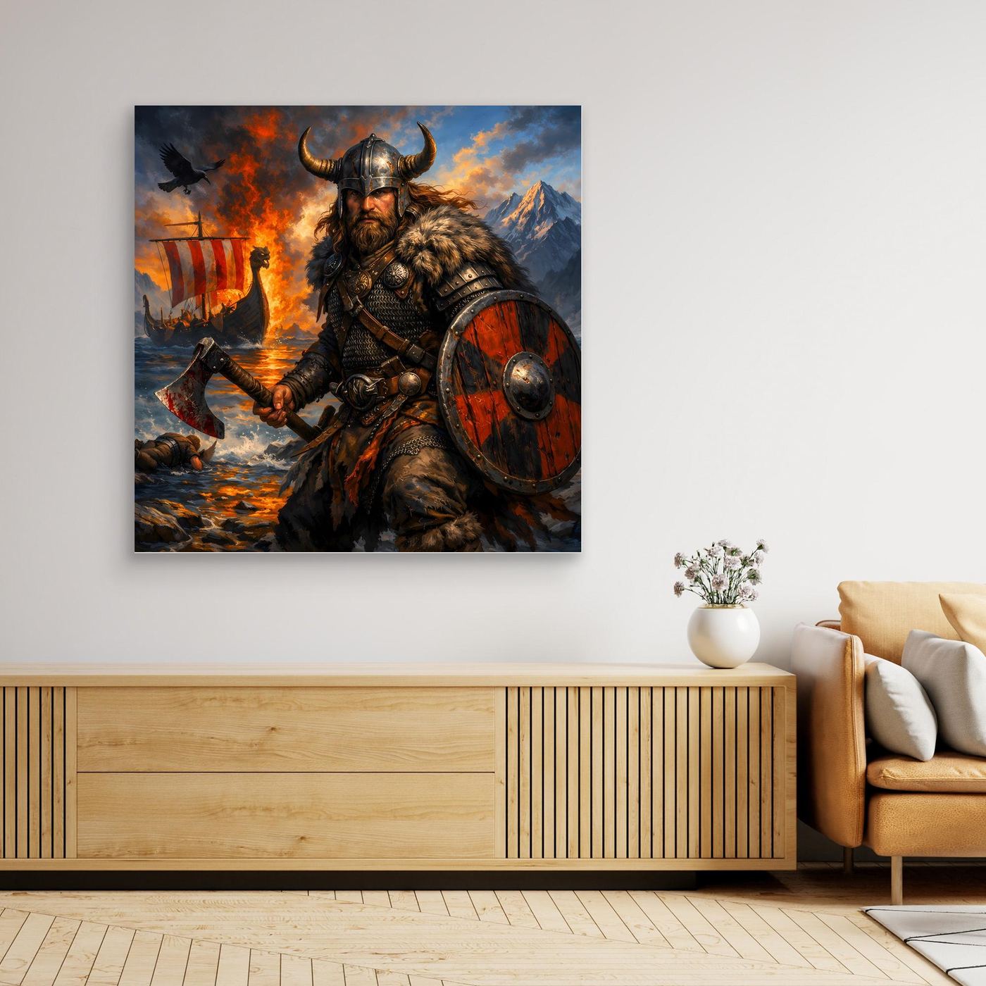 Leinwand Epischer Wikinger-Krieger an der Küste | Modernes Nordisches Wandbild