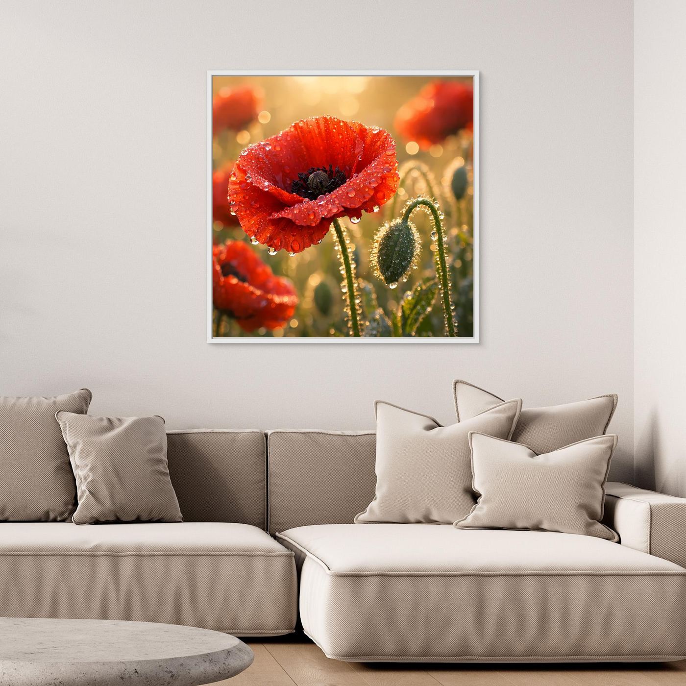 Quadratisches Leinwandbild mit rotem Klatschmohnblüten und grünen Knospen