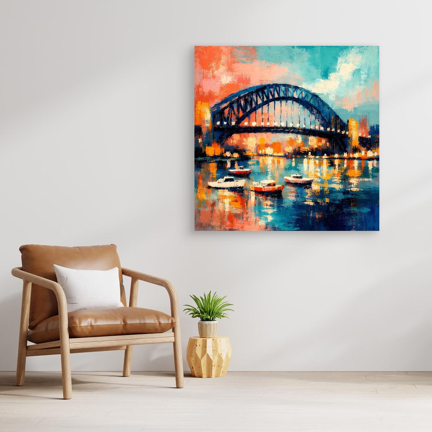 Leinwand-Wandbild mit Brücke am Hafen bei Nacht: orange Himmel, türkisfarbene Wolken, Wasserreflexe