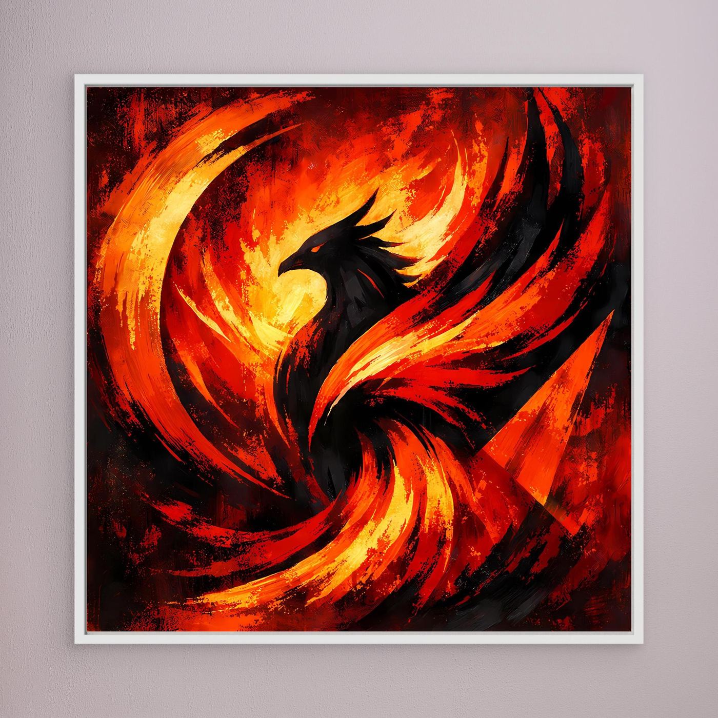 Wandbild mit Phönix-Feuerschwingen in Feuerrot/Schwarz und Gold, weiß gerahmt