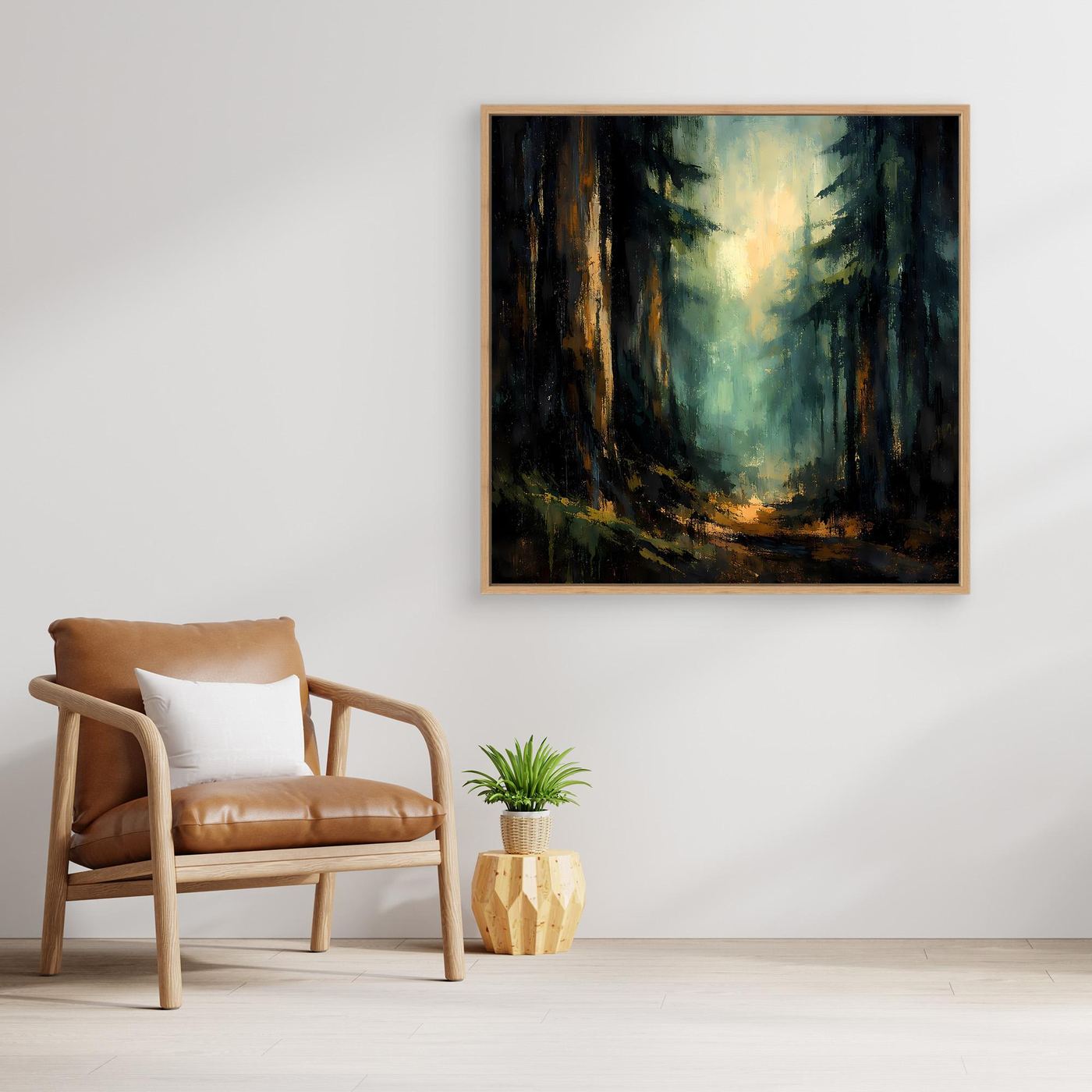 Abstraktes Tannenwald-Leinwandbild mit hellem Licht, dunkelgrüne Bäume, Eichenholzrahmen