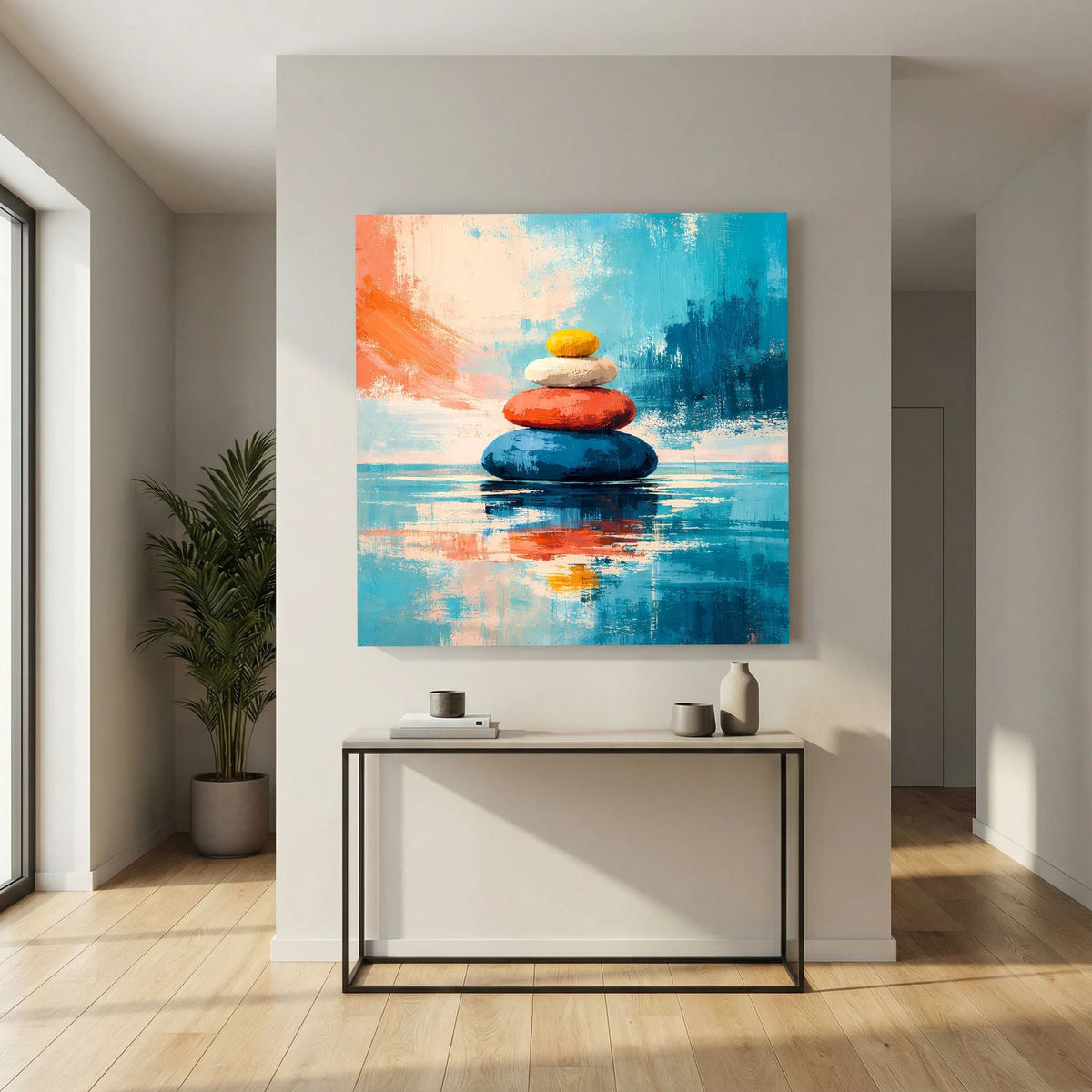 Leinwandbild mit Zen-Steinen: goldener Aufsatz, rote Mitte, blaue untere Steine und Spiegel