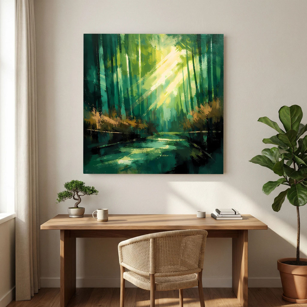 Abstraktes Leinwand-Wandbild mit grüner Tiefe, Lichtstrahl und spiegelndem Flussbereich