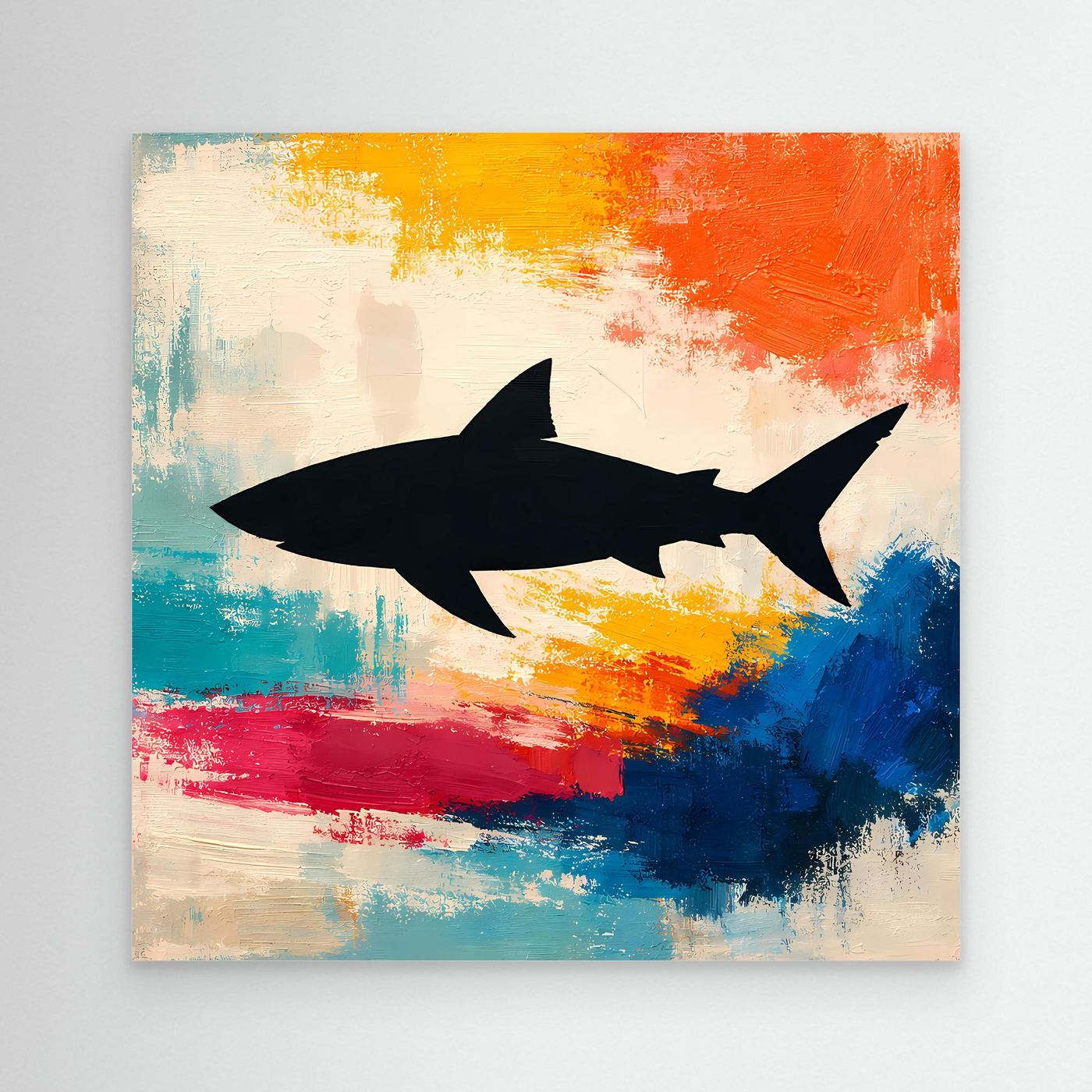 Leinwand Minimalistische Hai-Silhouette im Farbenmeer | Abstraktes Pop-Art Wandbild