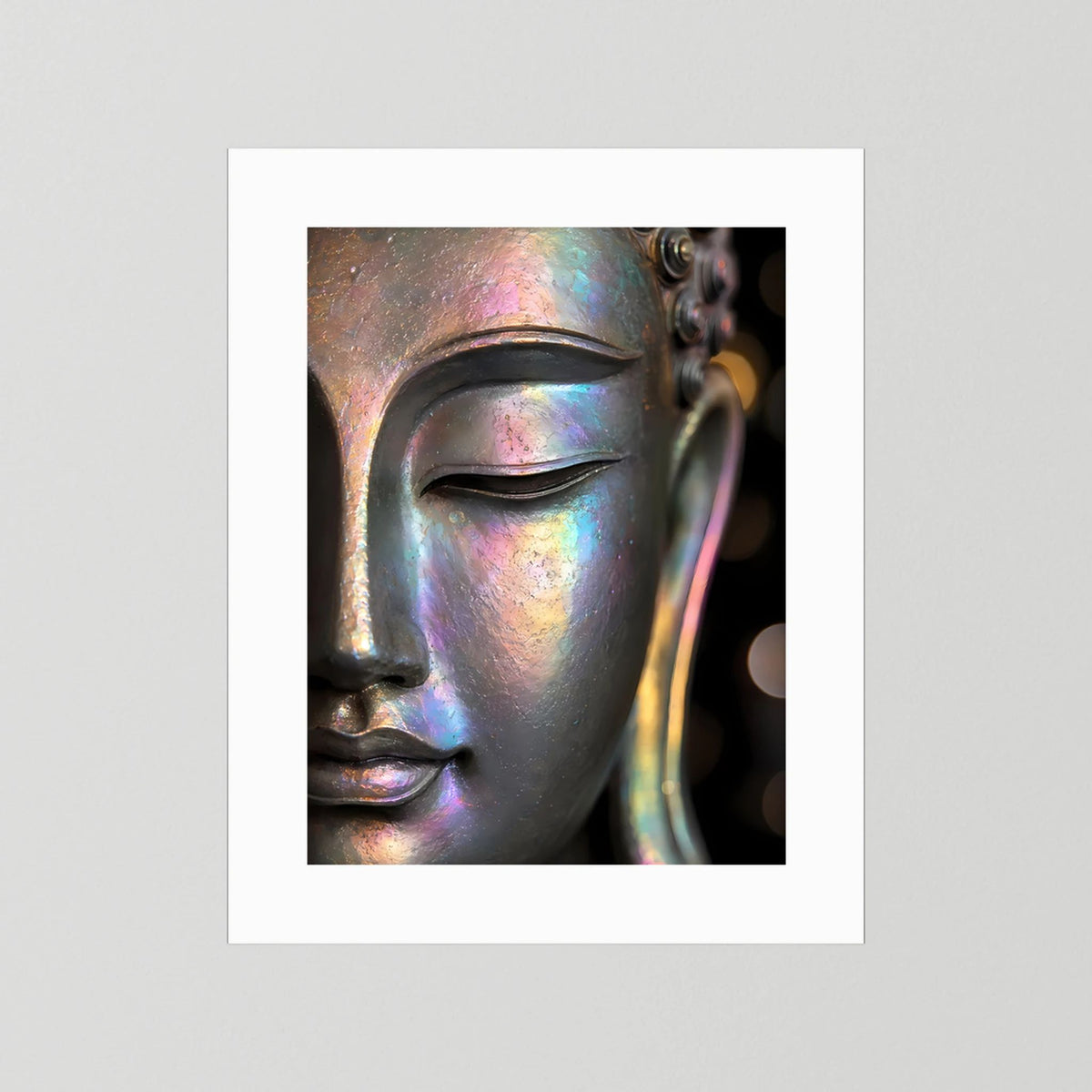 Kunstposter mit Buddha-Gesicht in irisierender Perlmutt-Optik, weißer Rahmen mit Passepartout