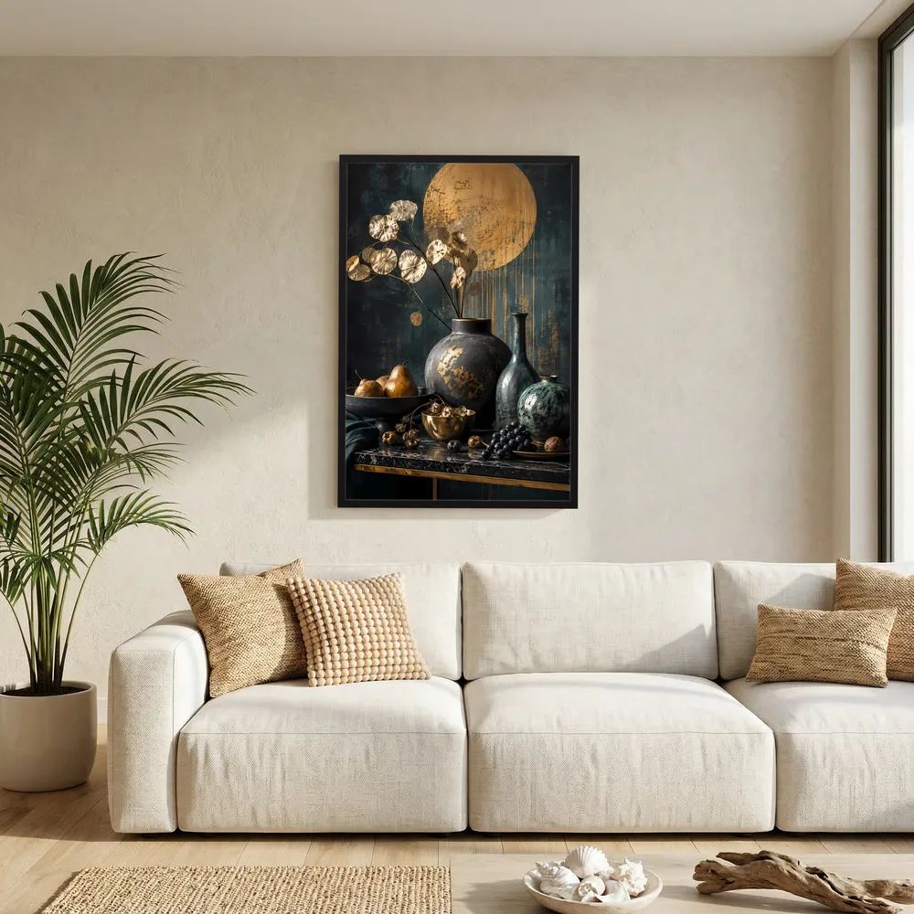 Kunstposter im Hochformat mit Gold- und Petrol-Vasen-Stillleben, schwarzer Rahmen