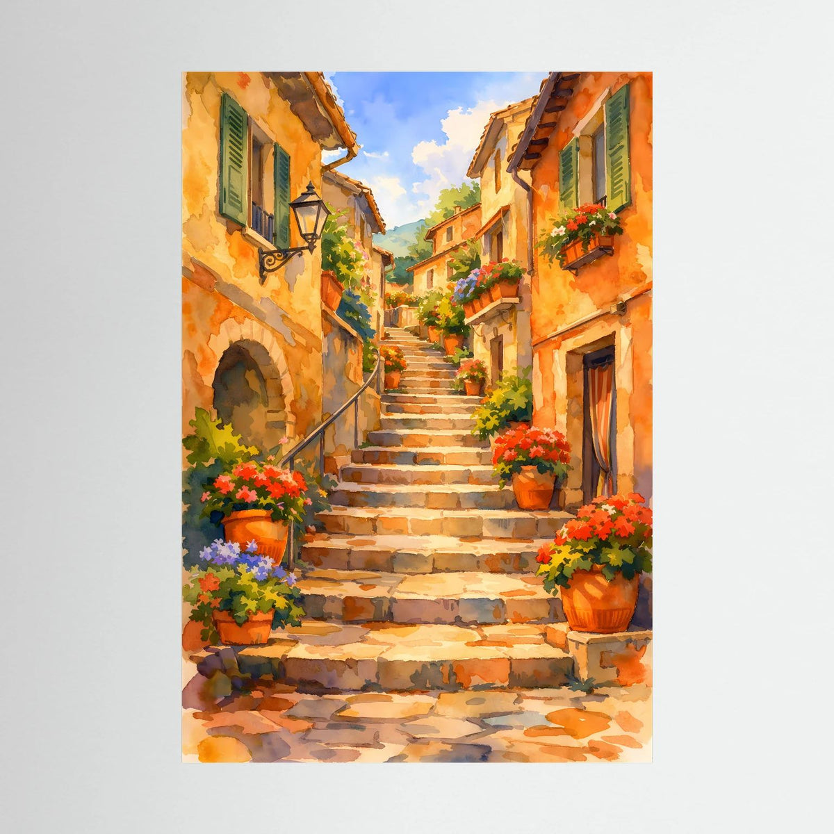 Wandbild im Hochformat mit Altstadtgasse, Steintreppe und Blumen in Töpfen