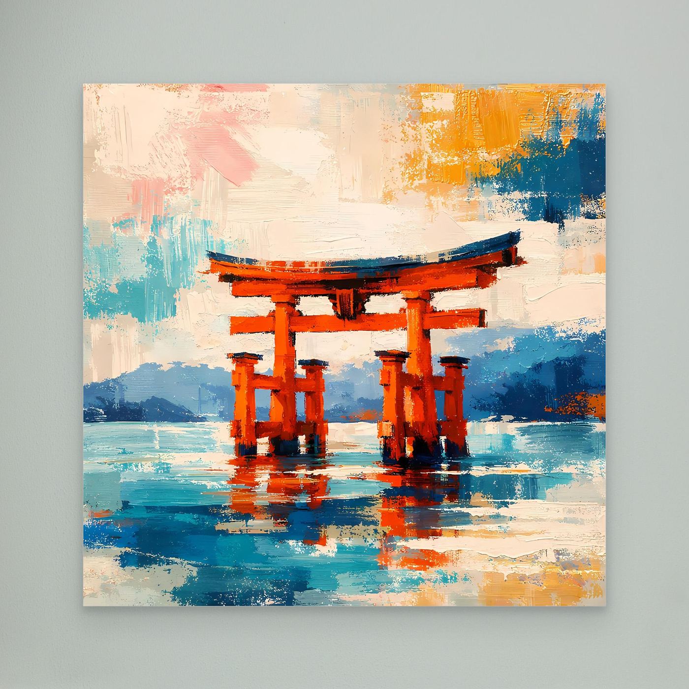 Leinwandbild Japanisches Torii-Tor im Meer | Abstraktes Kultur Wandbild auf echtem Holzkeilrahmen