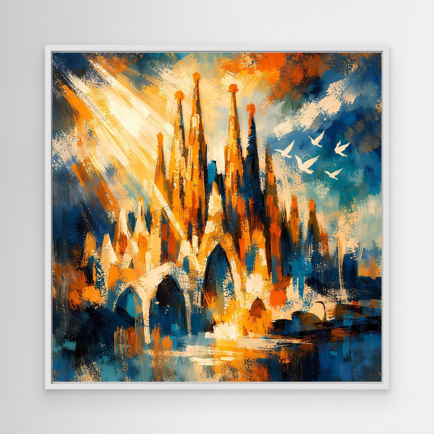 Abstraktes Leinwand-Wandbild mit Türmen in Blau, Orange und Gelb, weißer Rahmen