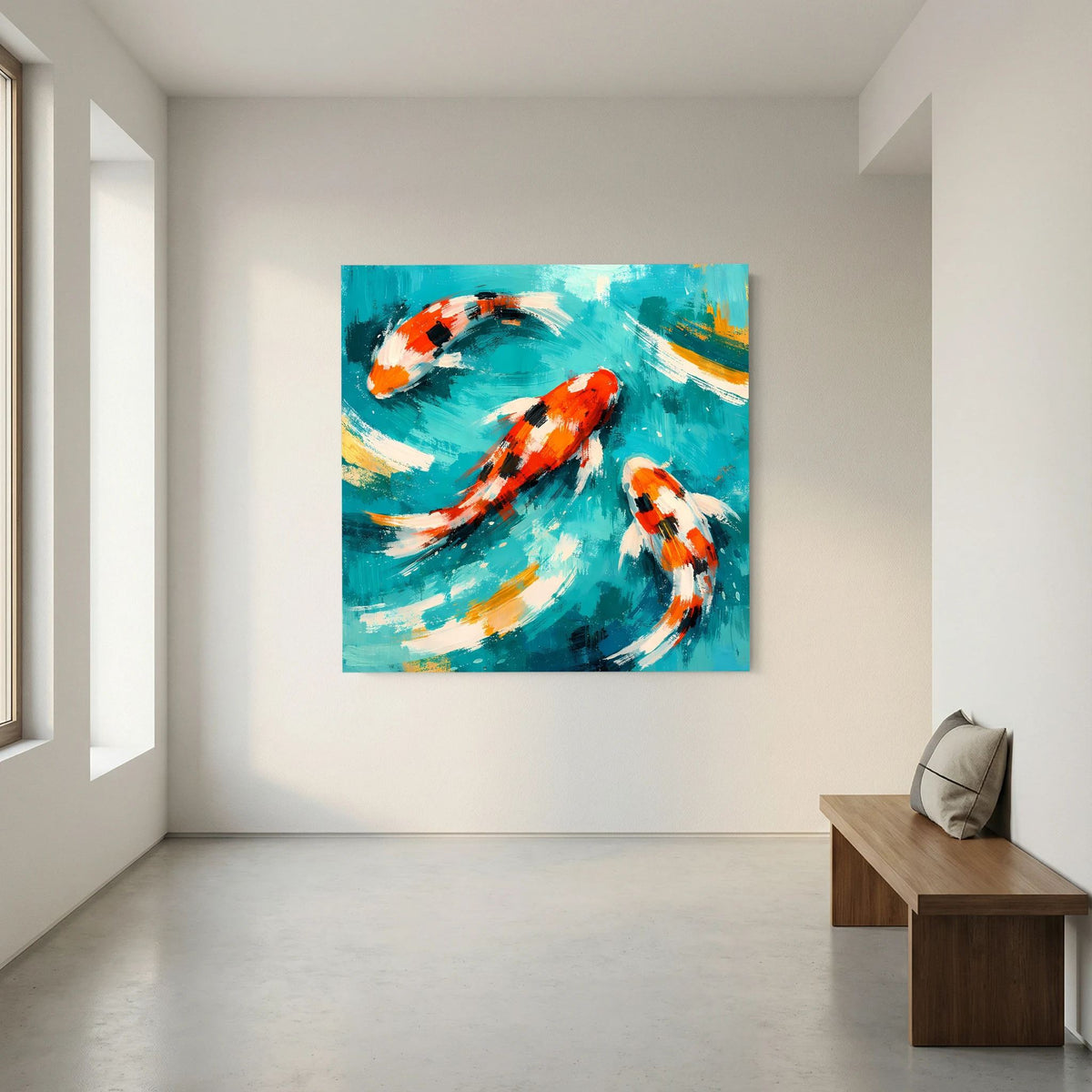 Wandbild mit drei orange-weißen Koi-Karpfen auf türkisgrünem Wasser, Keilrahmen