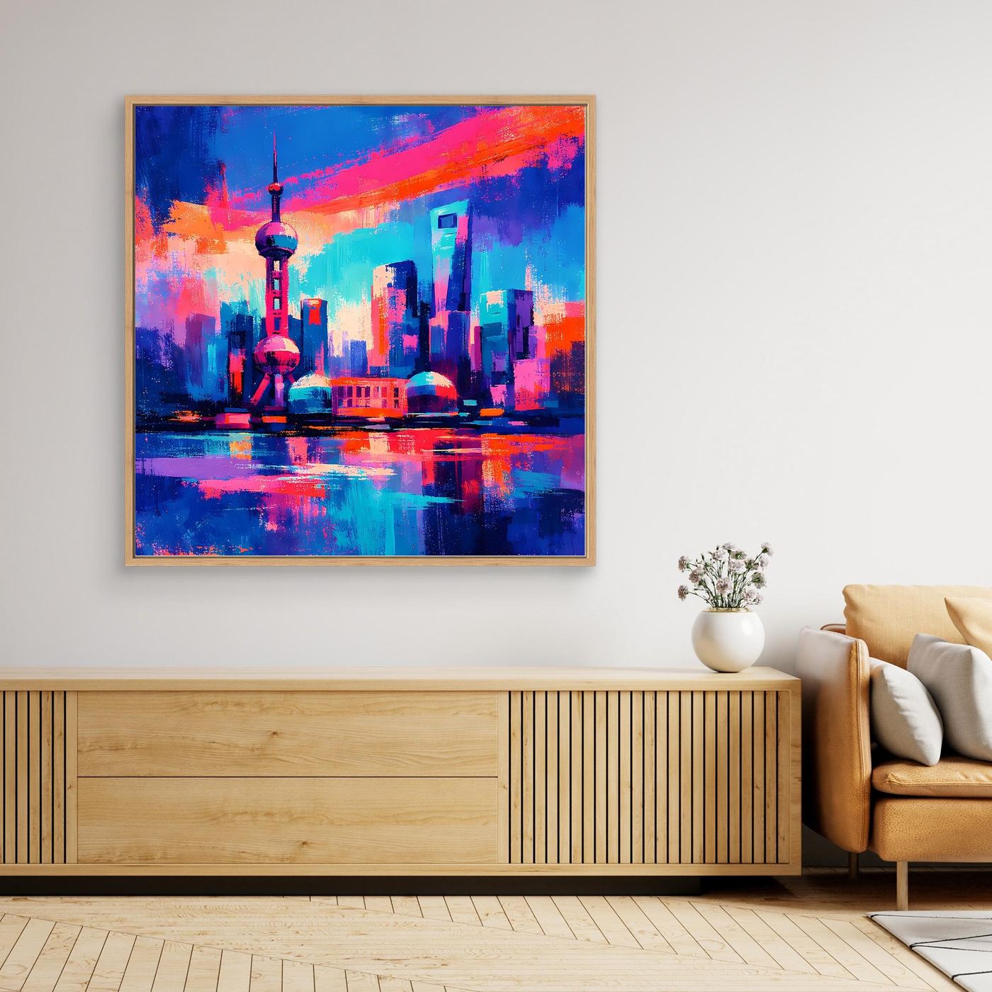 Quadratisches Leinwand-Wandbild im Holzrahmen mit abstrakter Neon-Skyline und farbiger Spiegelung