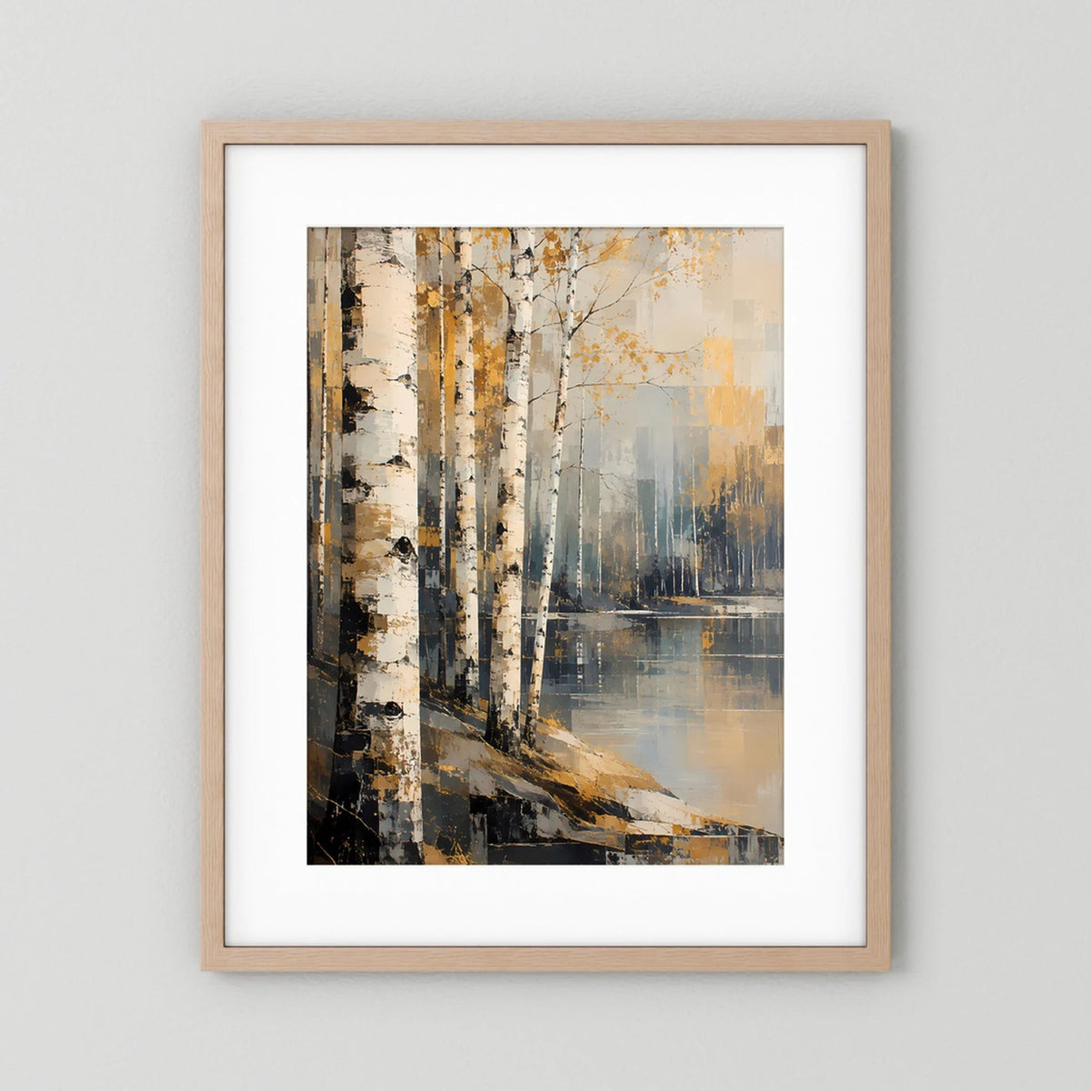 Poster im Hochformat: abstrakter Birkenwald in Gold und Beige, helle Holzrahmung mit weißem Rand