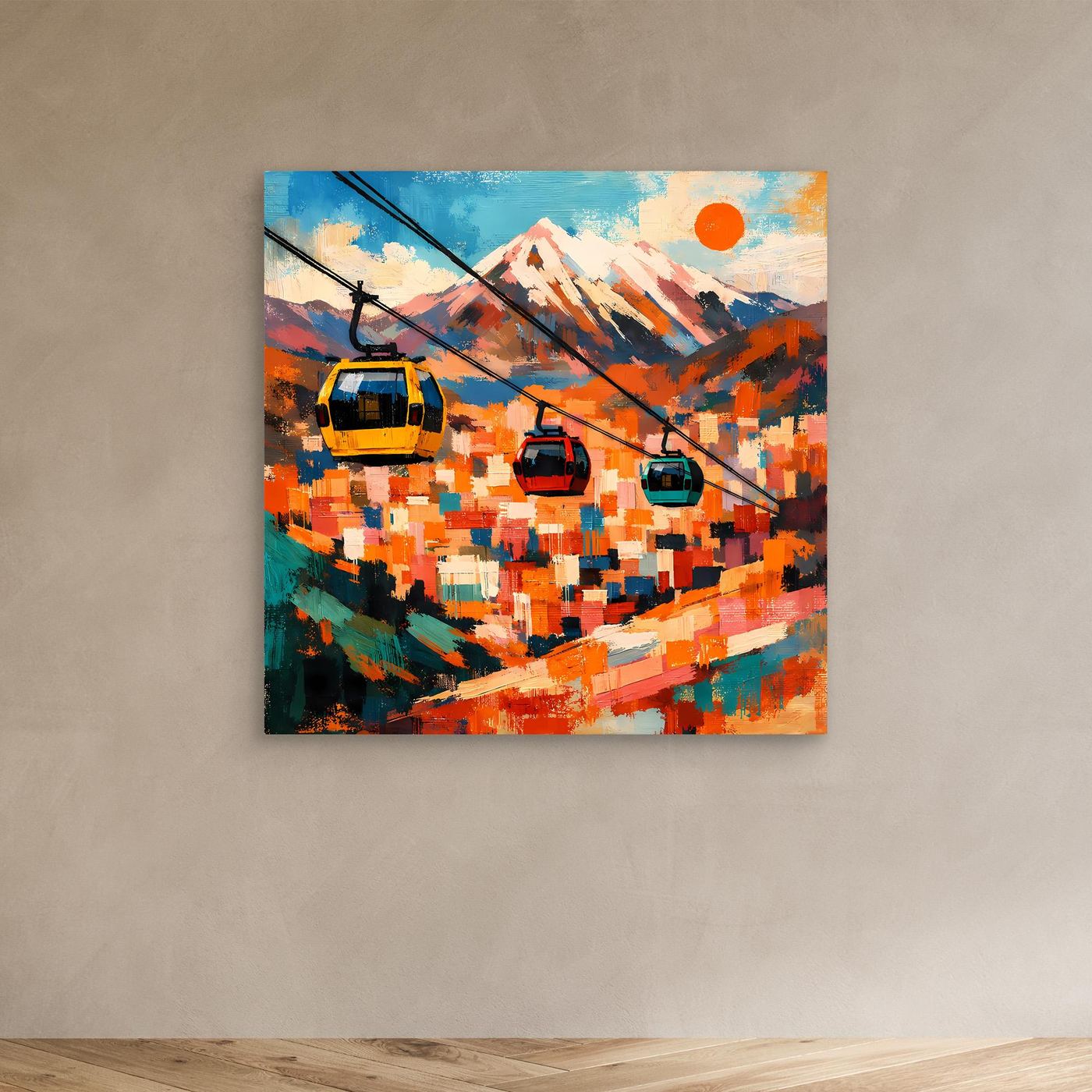Abstraktes Leinwand-Wandbild mit Seilbahn-Gondeln und Berg, bunte Farbflächen
