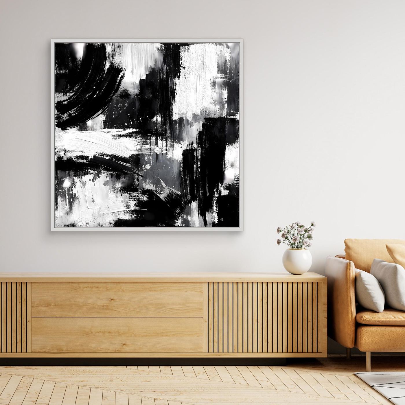 Rectangular abstract canvas wall art with black-and-white brush strokes, silver frame