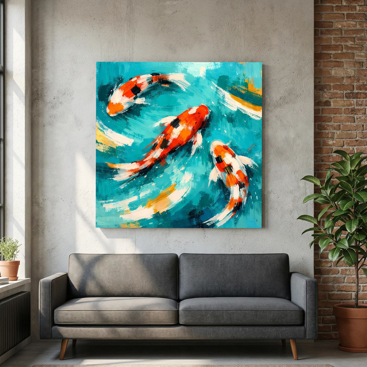 Wandbild mit zwei Koi-Karpfen auf türkisgrünem Wasser, orange-weiß mit schwarzem Muster