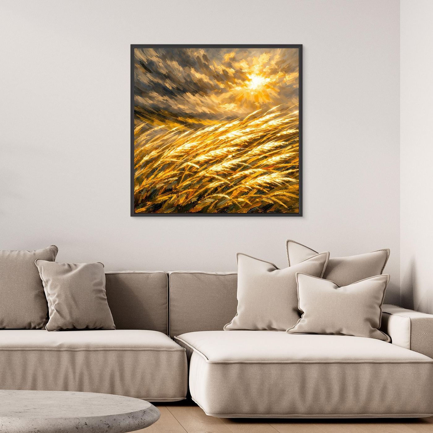 Leinwandbild mit goldenem Weizenfeld und abstraktem Sonnenuntergang im schwarzen Rahmen