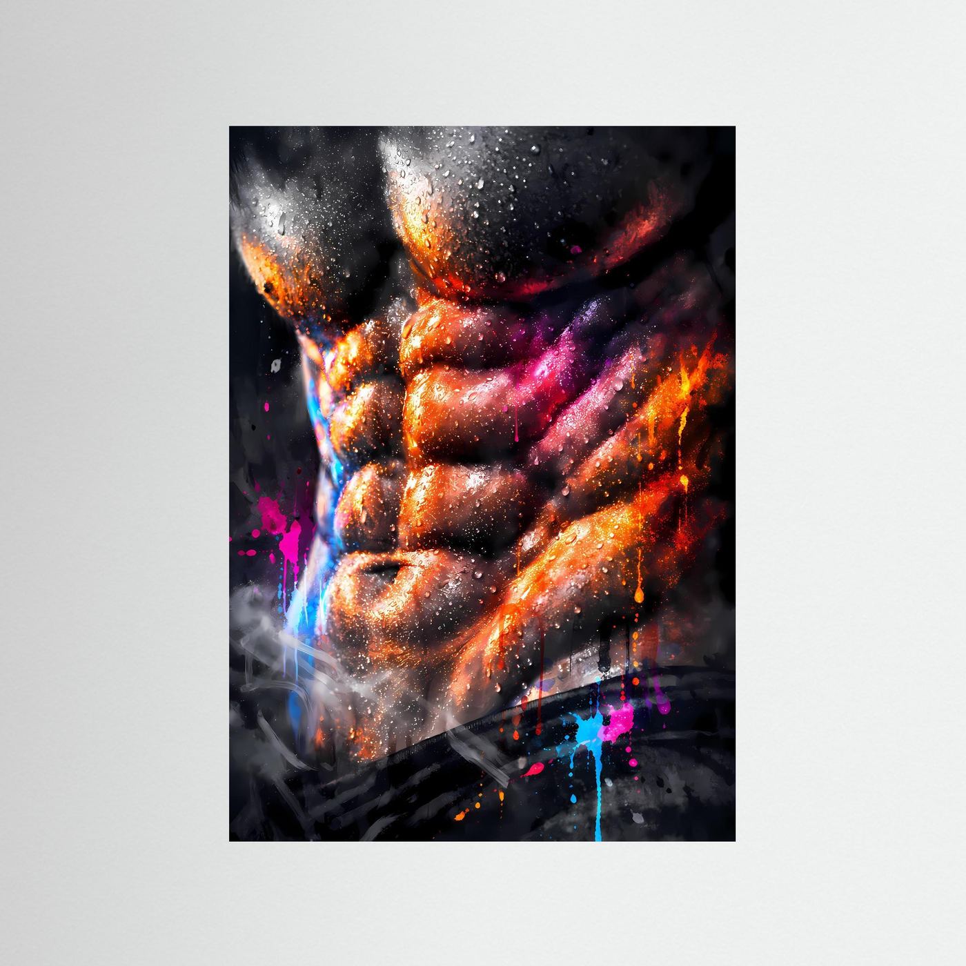 Die Kunst der Definition | Neon Muskel Poster mit durchtrainiertem Sixpack & Regenbogen-Farben | Abstraktes Bodybuilding Kunstposter Hochformat