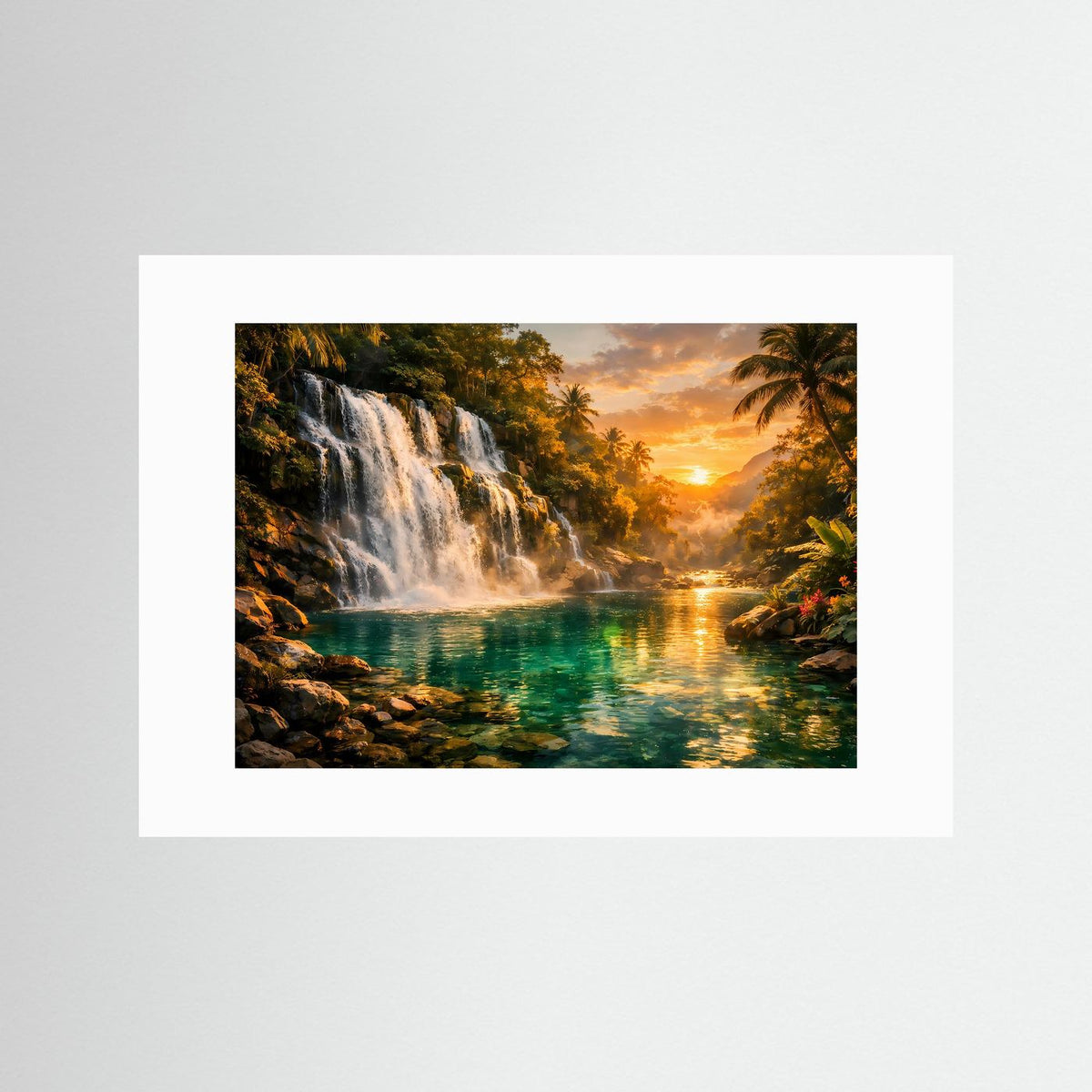 Querformat-Poster mit weißem Passepartout: Wasserfall, türkisfarbenes Wasser und Palmen