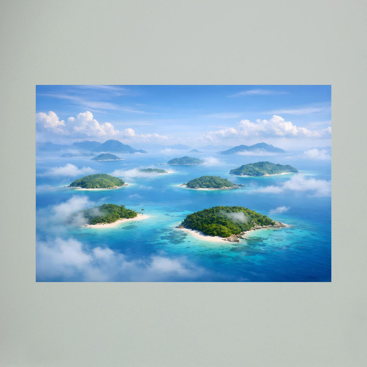 Wandbild mit tropischen Inseln und türkisblauem Meer aus Vogelperspektive