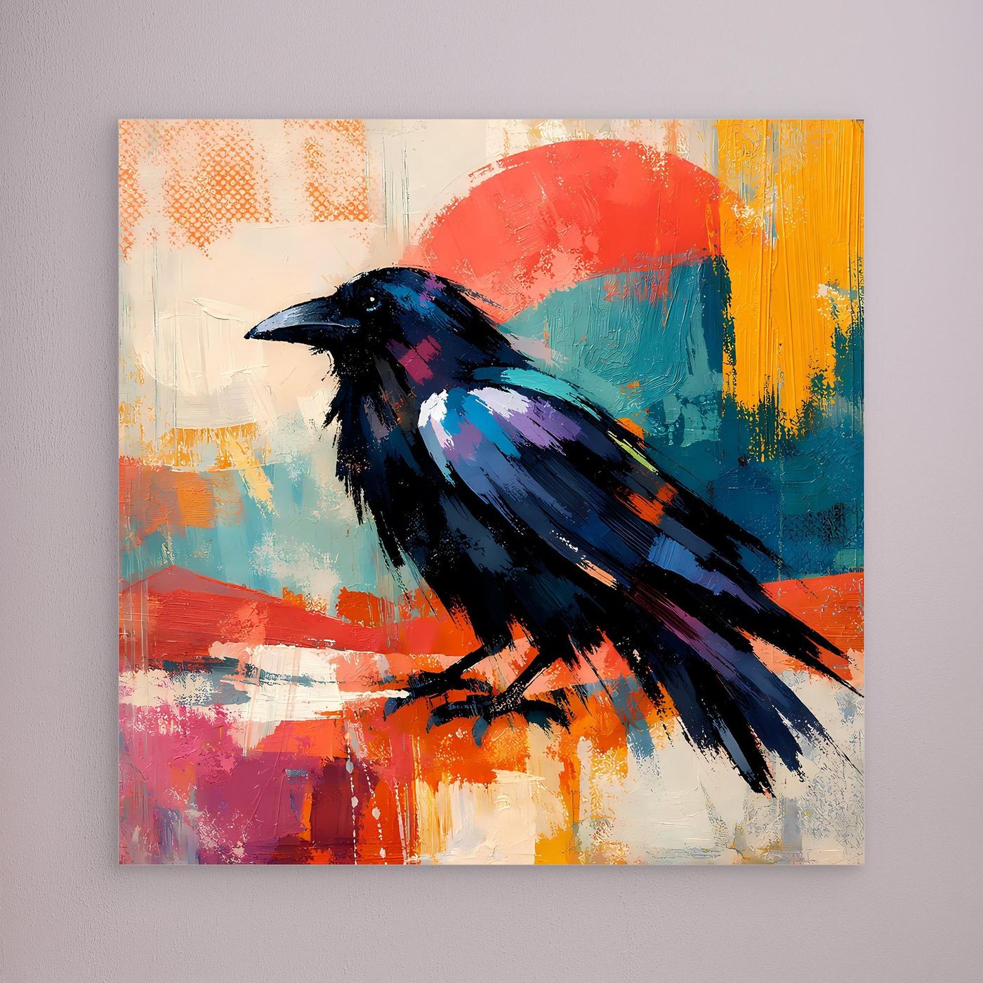 Canvas wall art: abstract black-and-blue bird on colorful paint splashes, no frame
