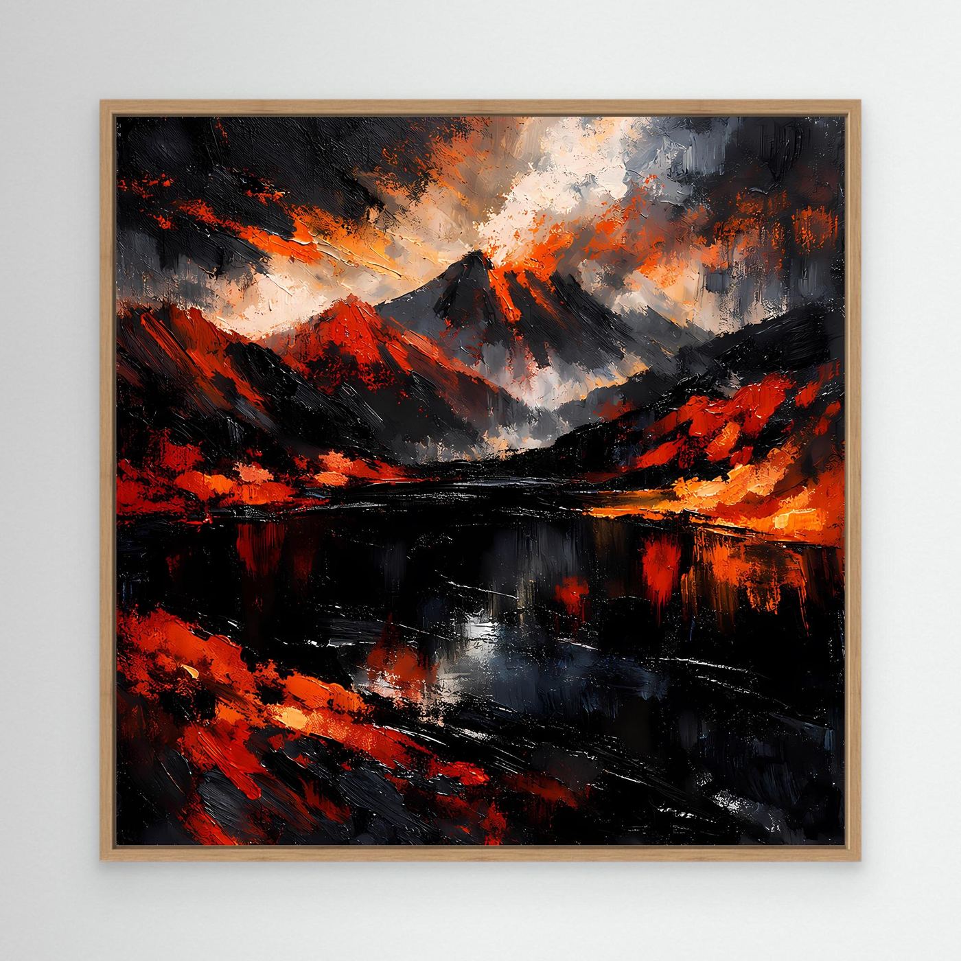 Abstraktes Leinwandbild im hellen Holzrahmen, Vulkan- und Wasser-Motiv in Schwarz, Rot, Grau