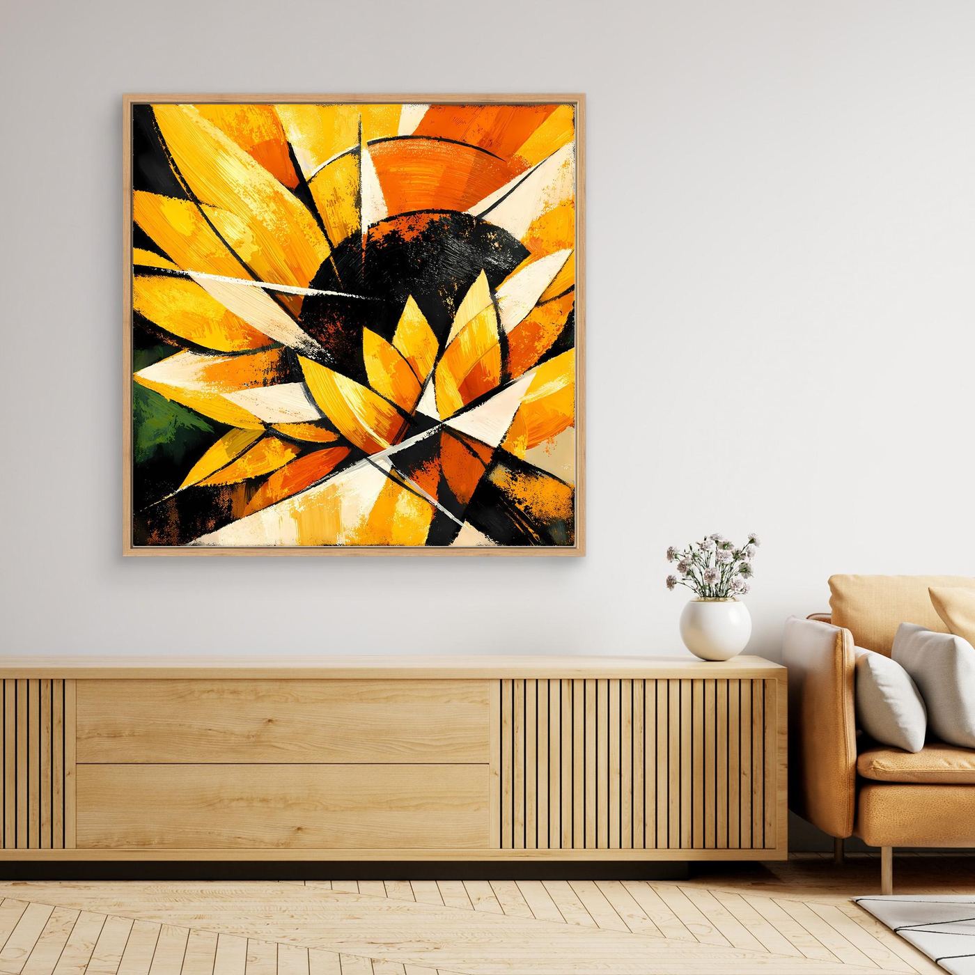 Leinwandbild Sonnenblume abstrakt: gelb-orange Blüten, schwarze Strukturen, Holzrahmen
