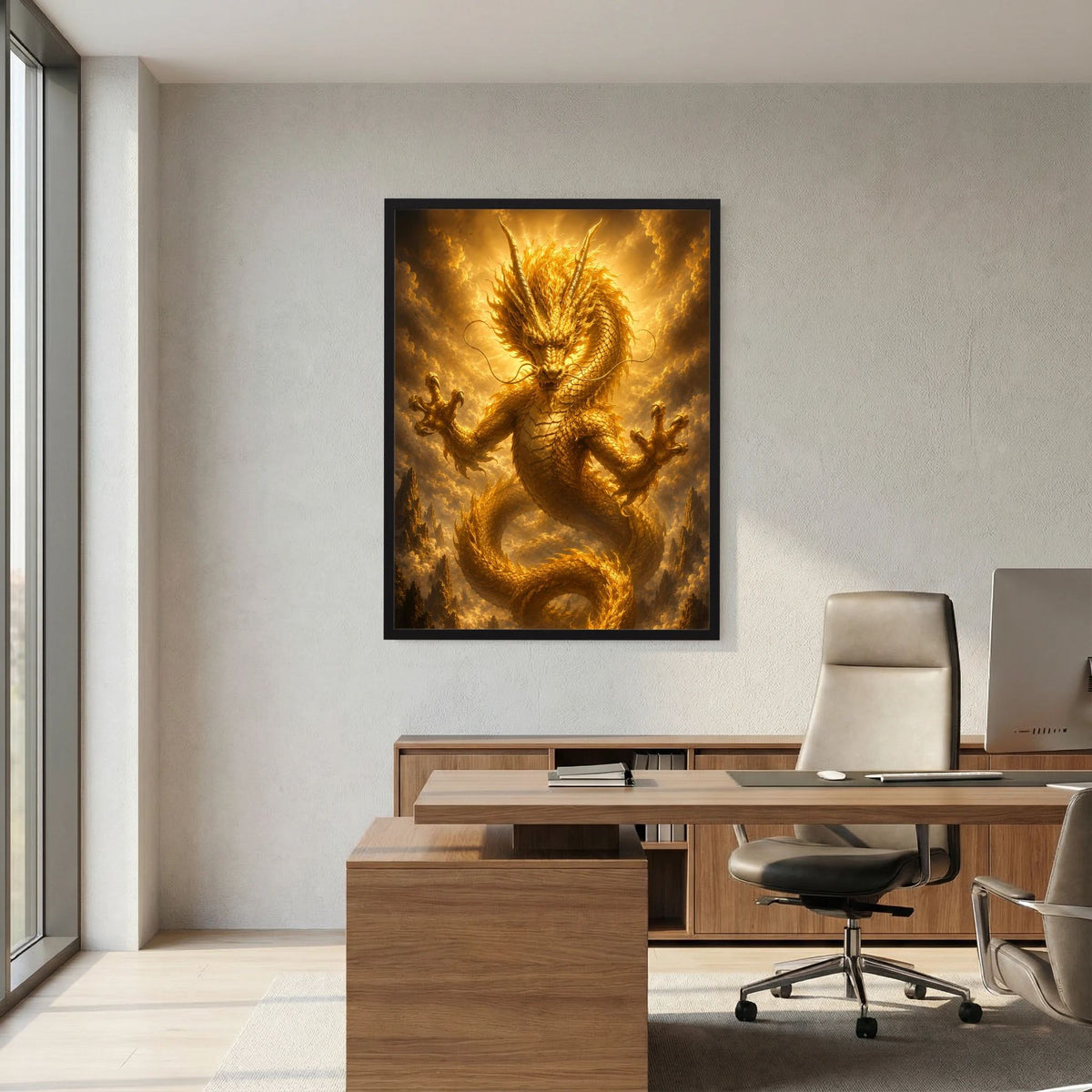 Gerahmtes Poster mit goldenem chinesischem Drachenmotiv, Vollformat an der Wand