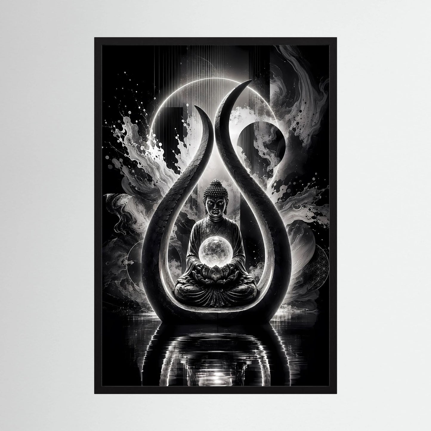 Buddha-Kunstposter in Schwarzweiß: Meditierender Buddha im Tropfen-Licht, schwarzer Rahmen