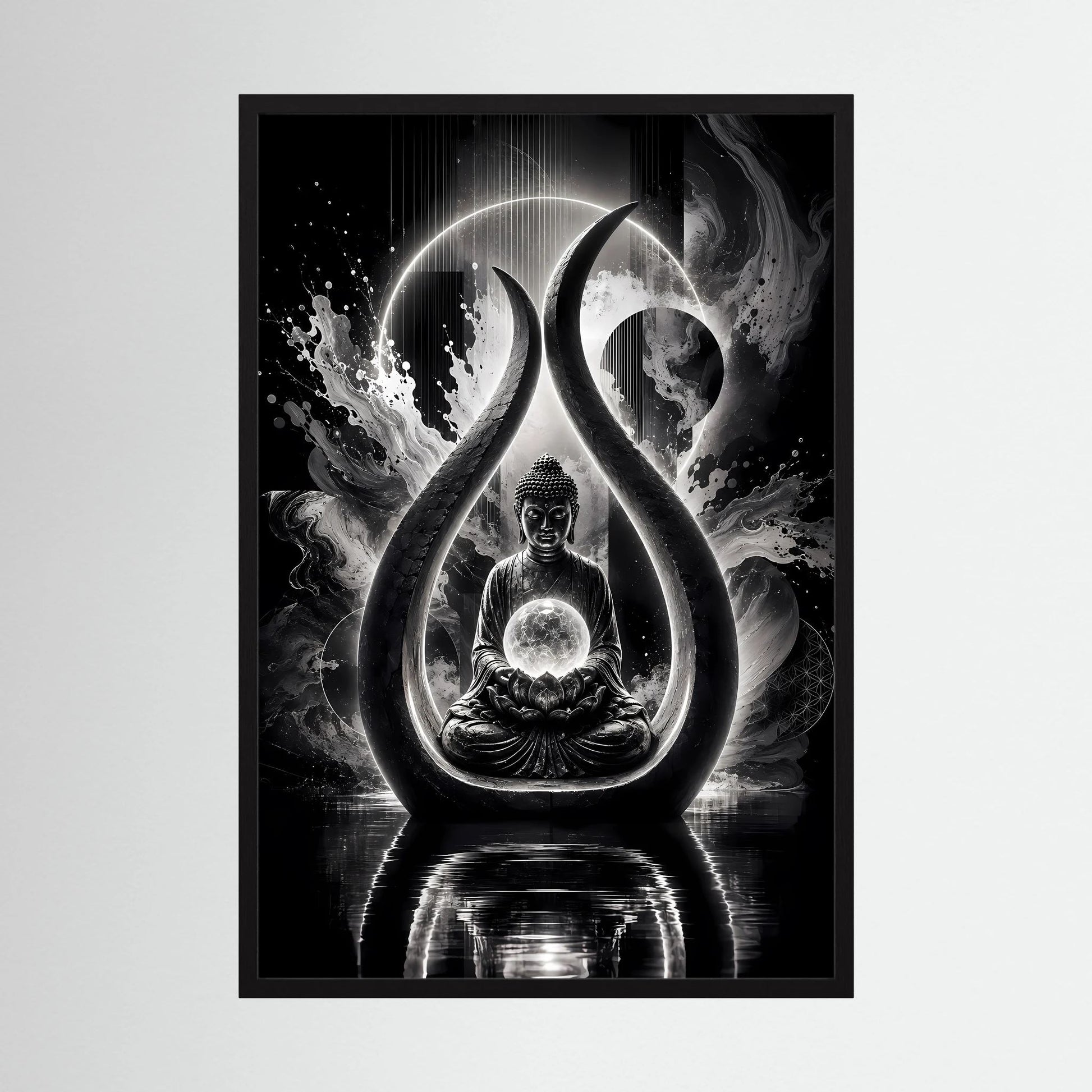 Buddha-Kunstposter in Schwarzweiß: Meditierender Buddha im Tropfen-Licht, schwarzer Rahmen
