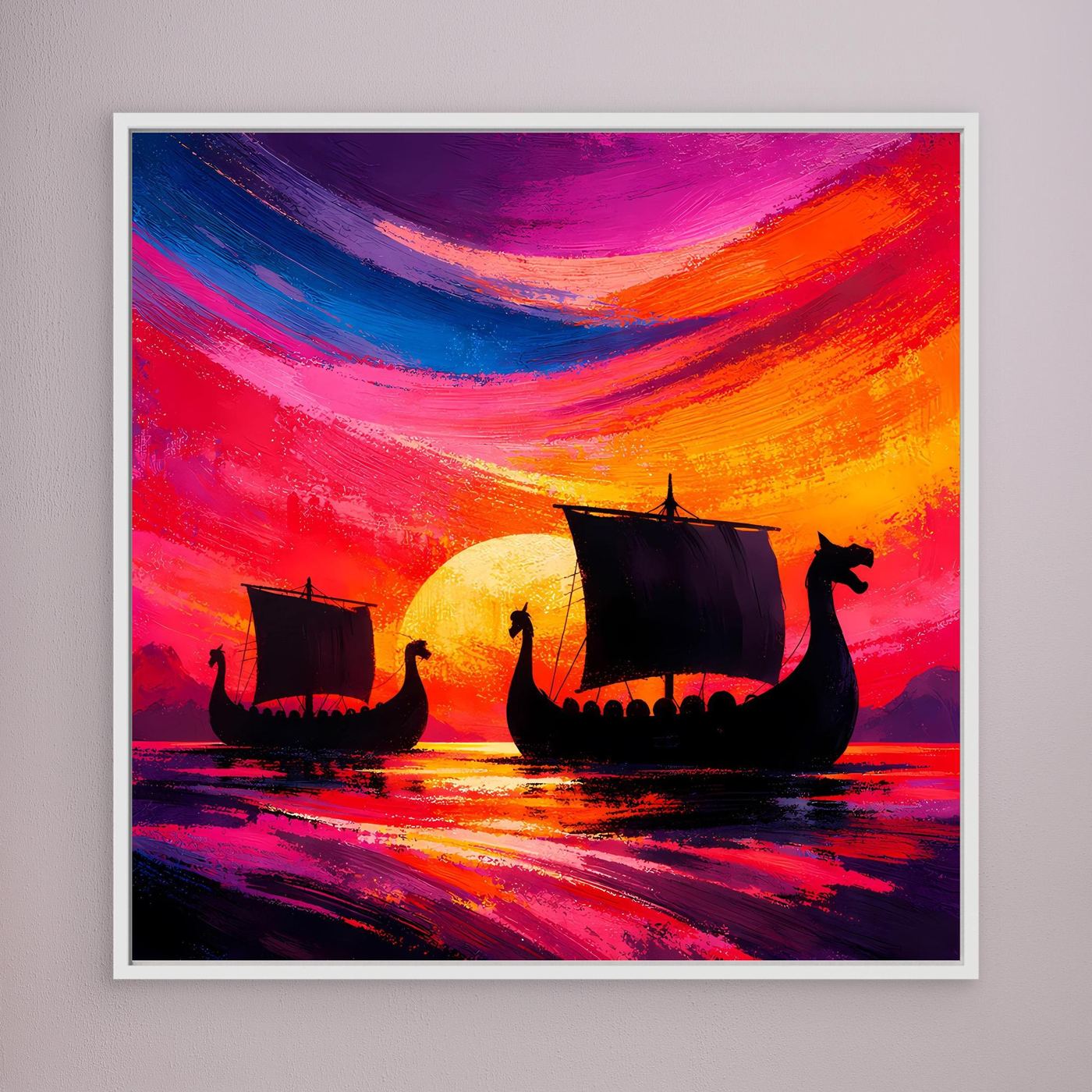 Leinwand-Wandbild mit Wikingerbooten und Sonnenuntergangsfarben, mit weißem Rahmen