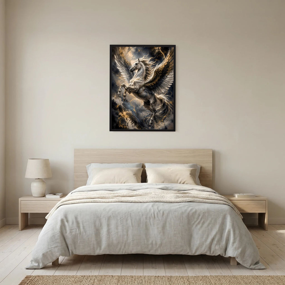 Hochformat-Poster: schwarzer Pegasus mit goldenen Flügeln im schwarzen Rahmen