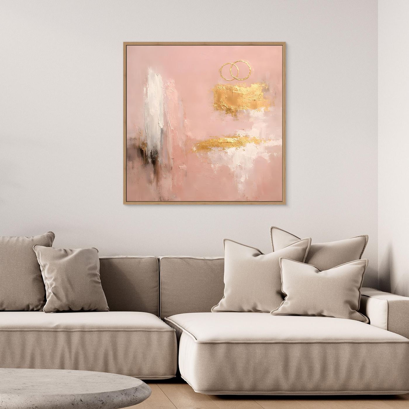 Leinwand Abstraktes Hochzeitsgemälde in Altrosa und Gold | Modernes Wandbild Eheringe