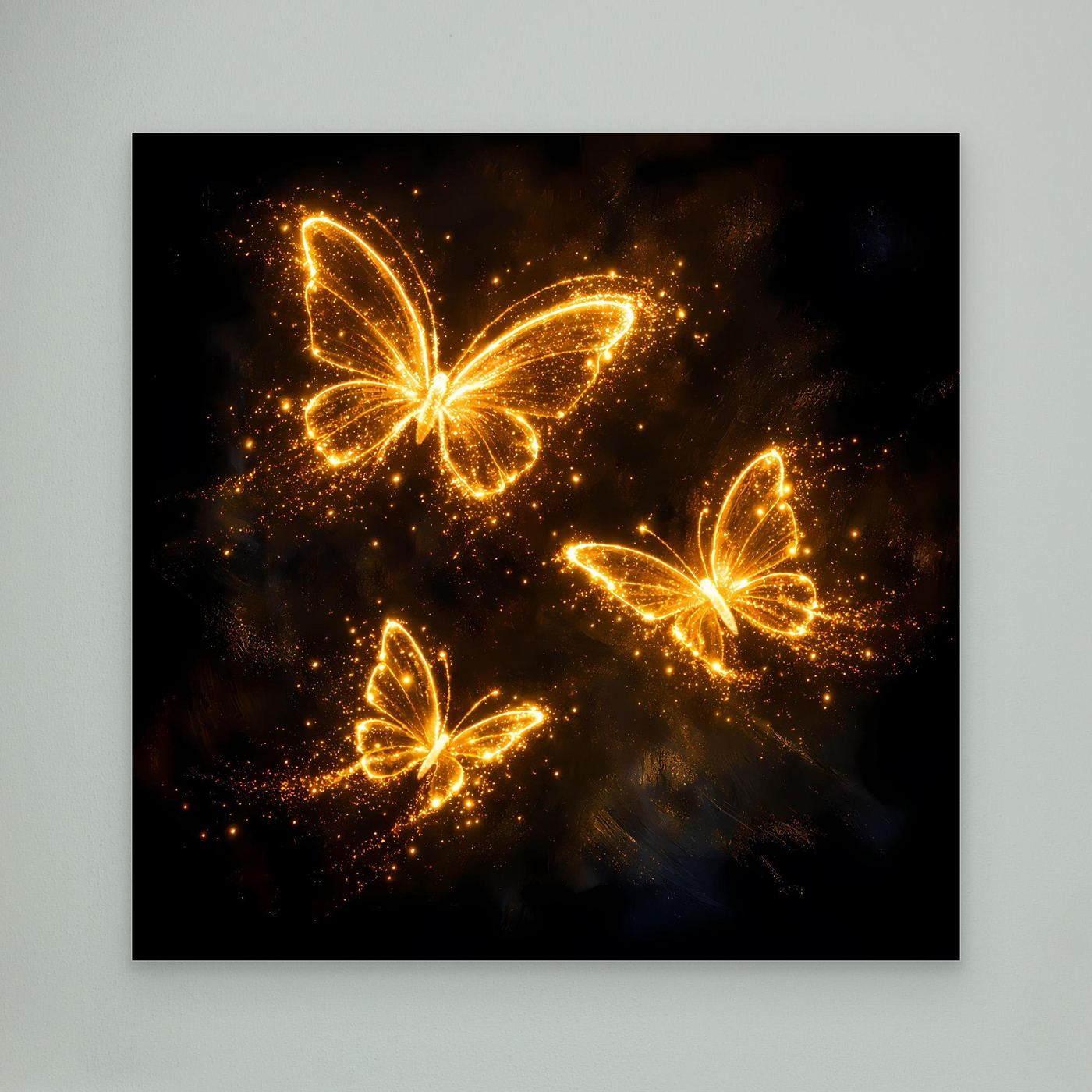 Premium Leinwand Leuchtende Schmetterlinge in Gold | Elegantes Fantasy Wandbild abstrakt