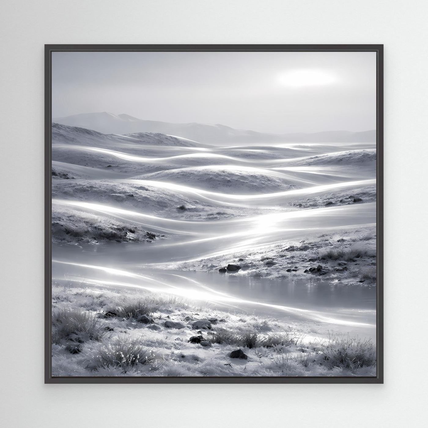 Leinwandbild Winterlandschaft mit schwarzem Rahmen, verschneite Hügel und helle Lichtspuren