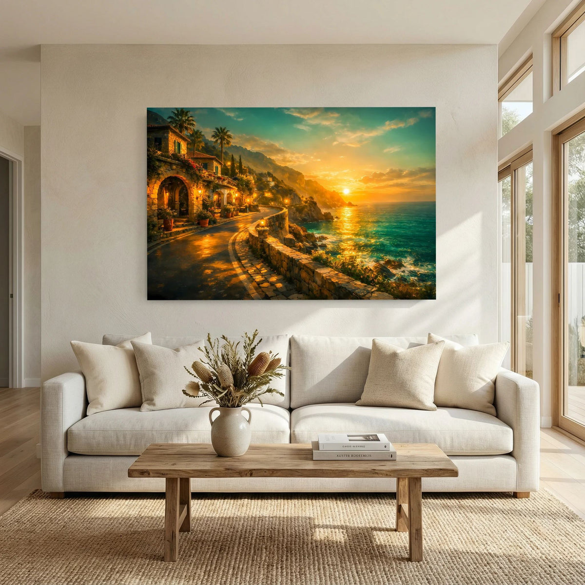 Wandbild mit Küstenpromenade am Meer und goldenem Himmel, Querformat