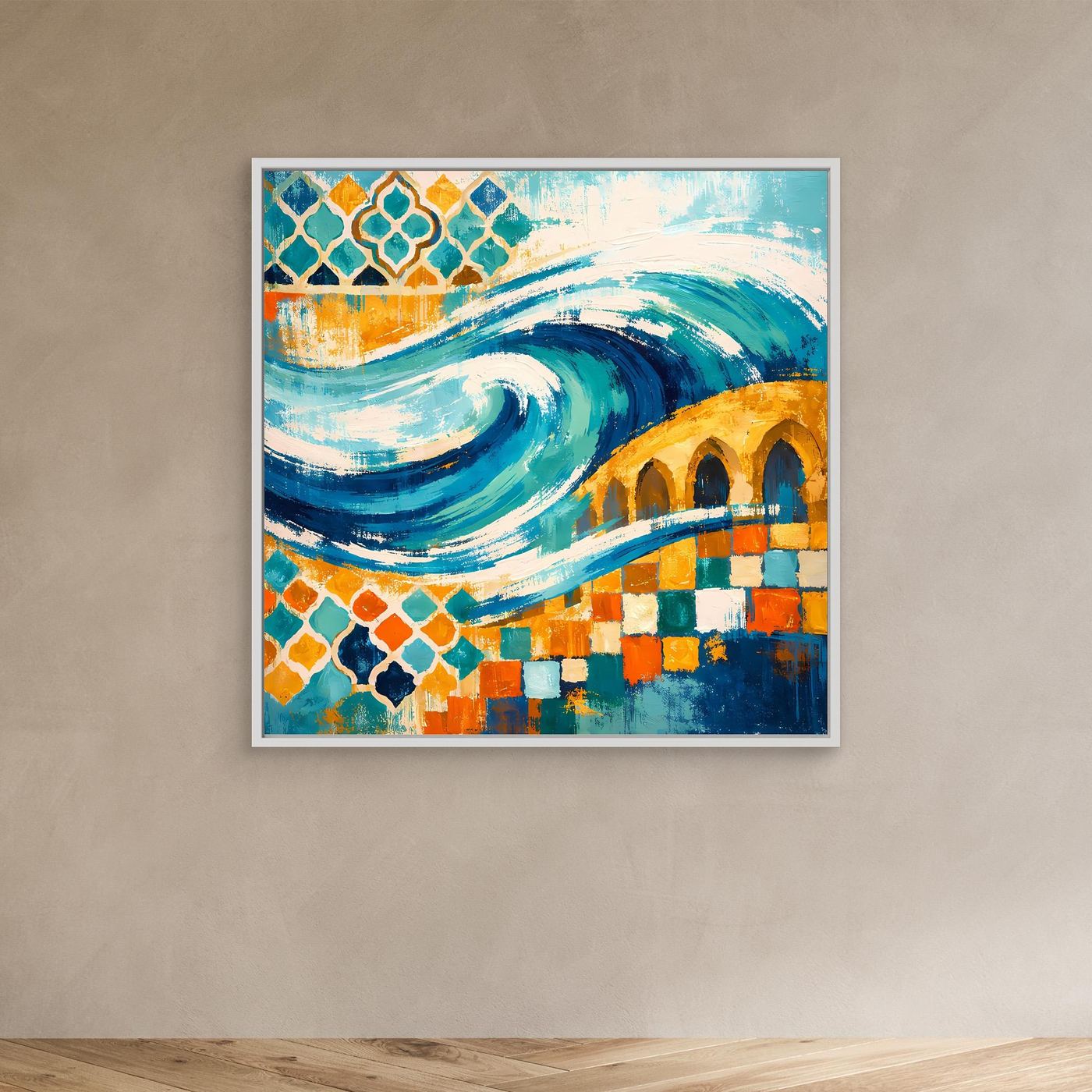 Leinwand-Wandbild mit weißem Rahmen, Mosaik-Ornament und Wellen in Türkis