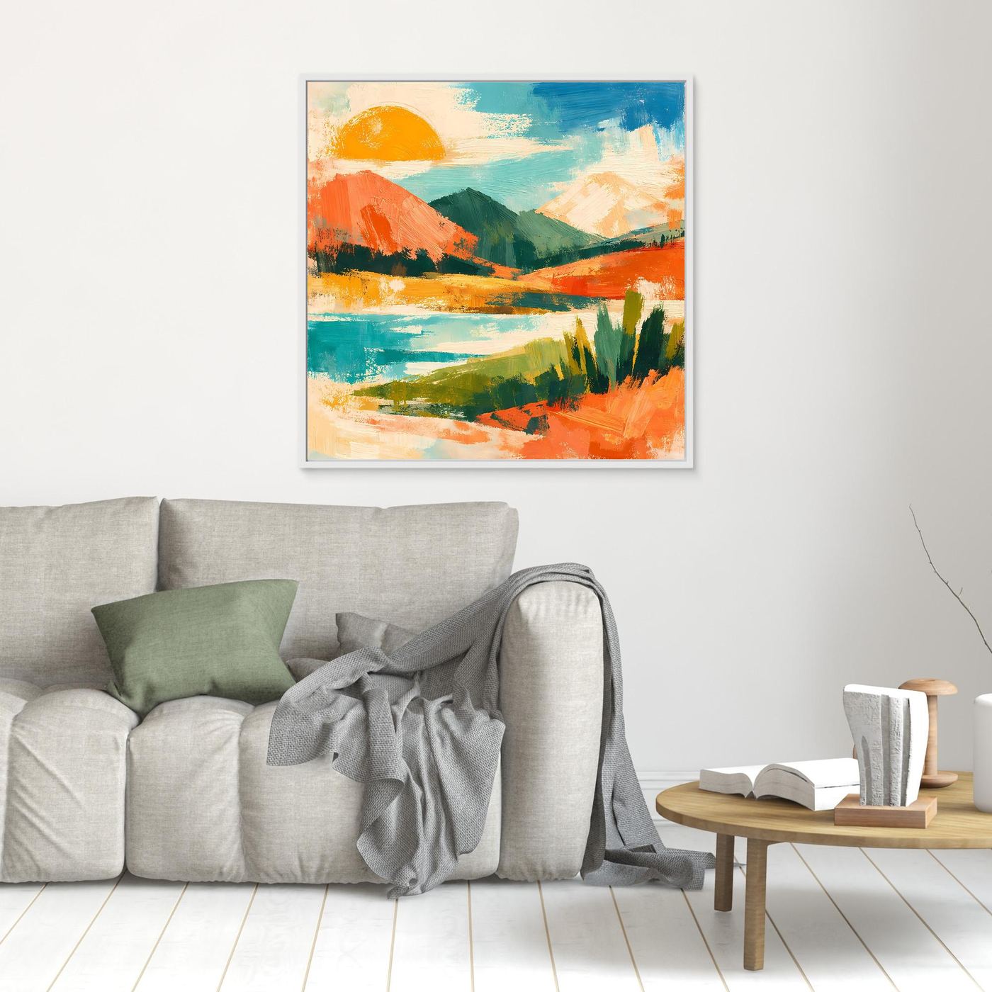 Kleines Wandbild mit weißem Rahmen: abstrakte See- und Sonnenlandschaft