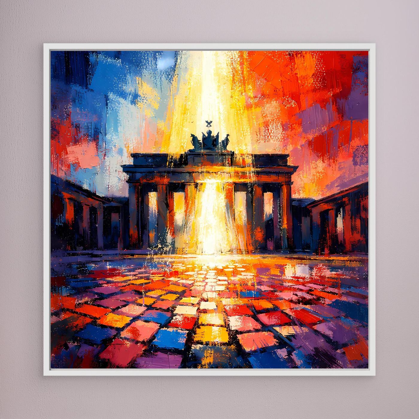 Wandbild mit abstraktem Brandenburger Tor, weißer Rahmen, buntes Kachelpflaster in Blau, Rot und Gelb