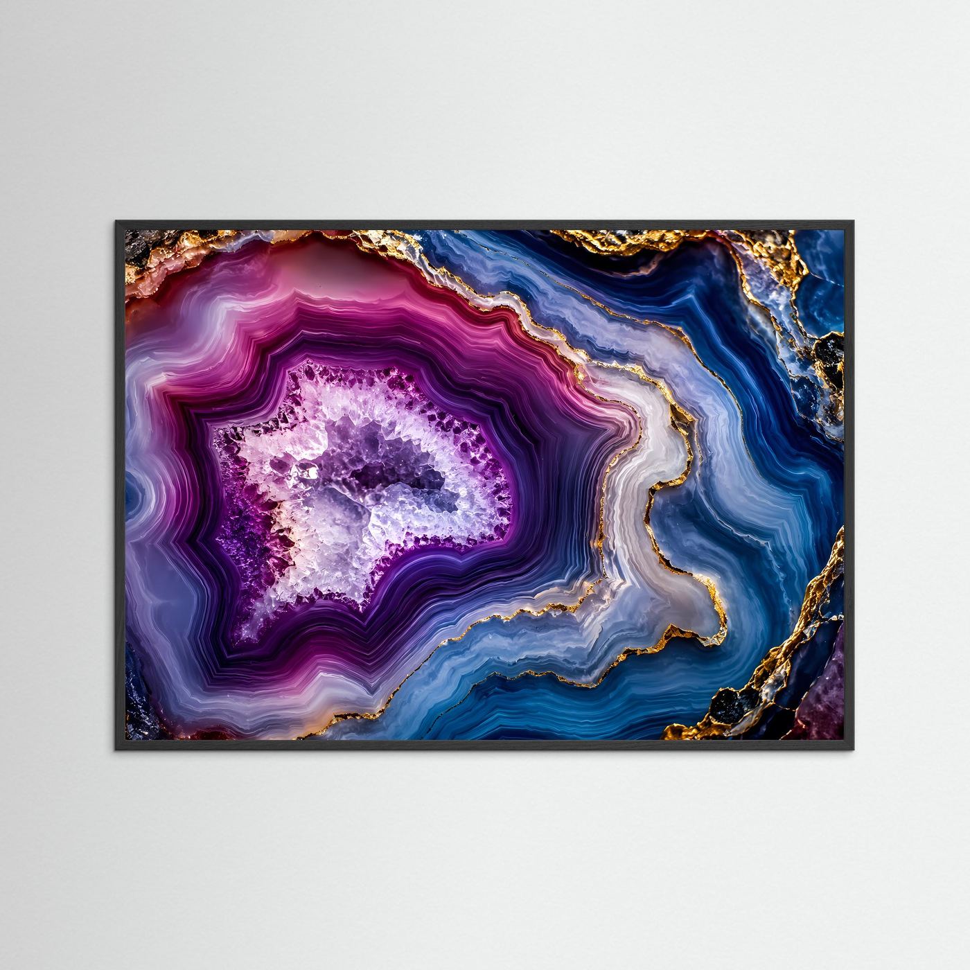 Achat Geode Poster Querformat | Abstrakte Edelstein Wandkunst in Violett, Blau & Gold | Luxuriöses Mineralien Wandbild