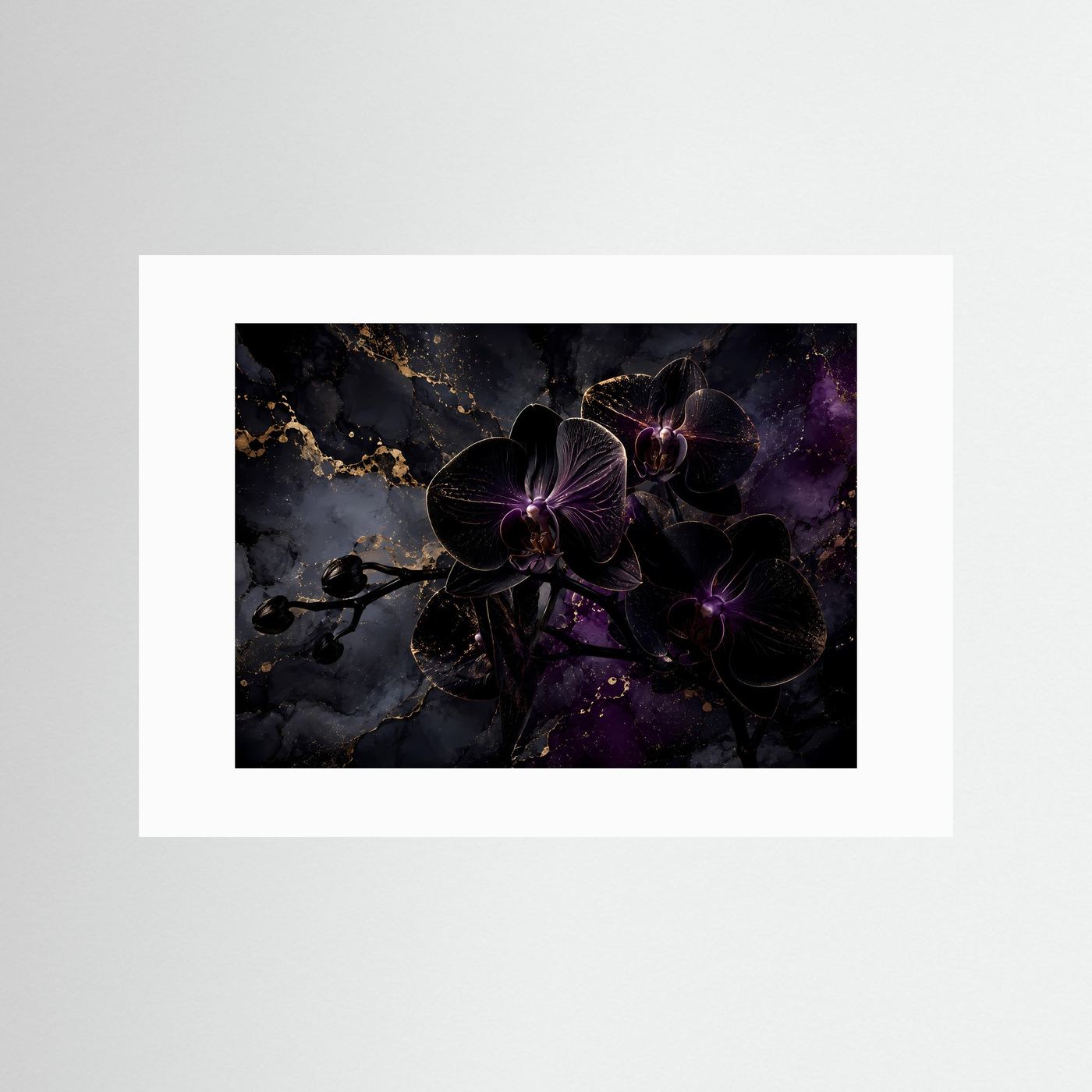 Schwarze Orchideen in Gold & Violett | Luxuriöses Florales Wandbild Querformat